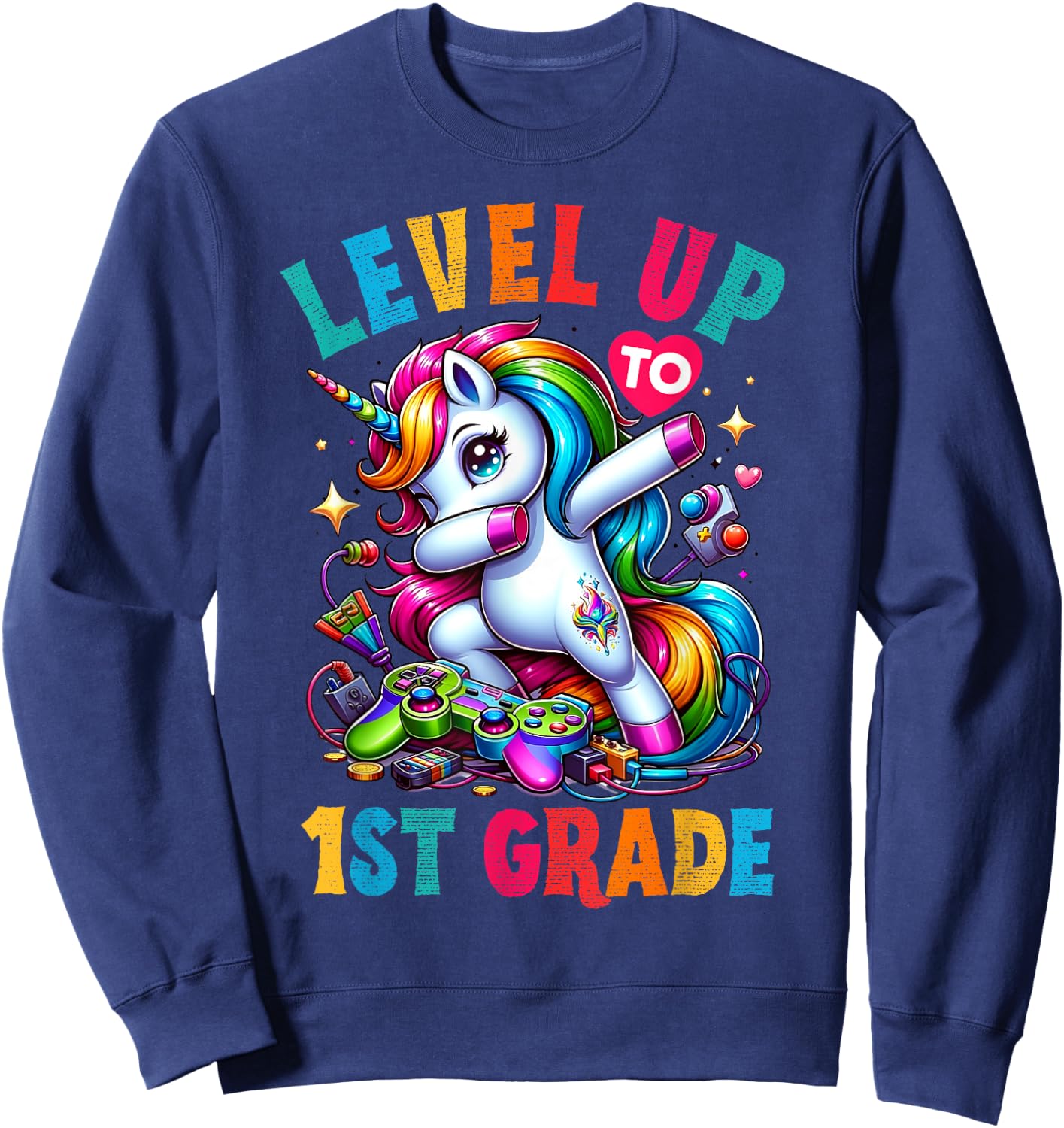 Unicorn video games back to School 1st grade Girls Level up Sweatshirt - Sweatshirt | Navy