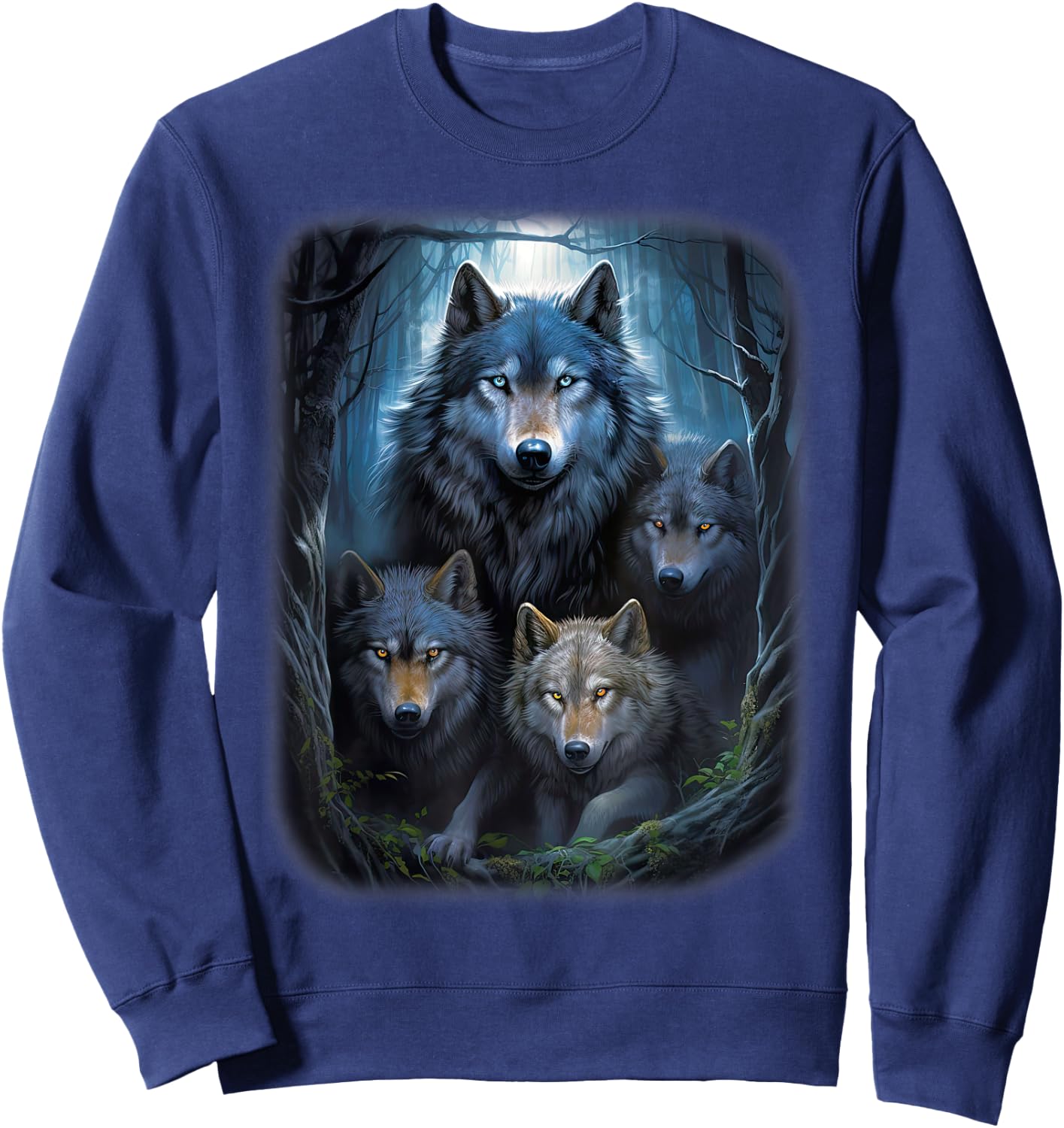 Wolf Wolves in Forest by Night Moon Fantasy Art Wildlife Sweatshirt - Sweatshirt | Navy
