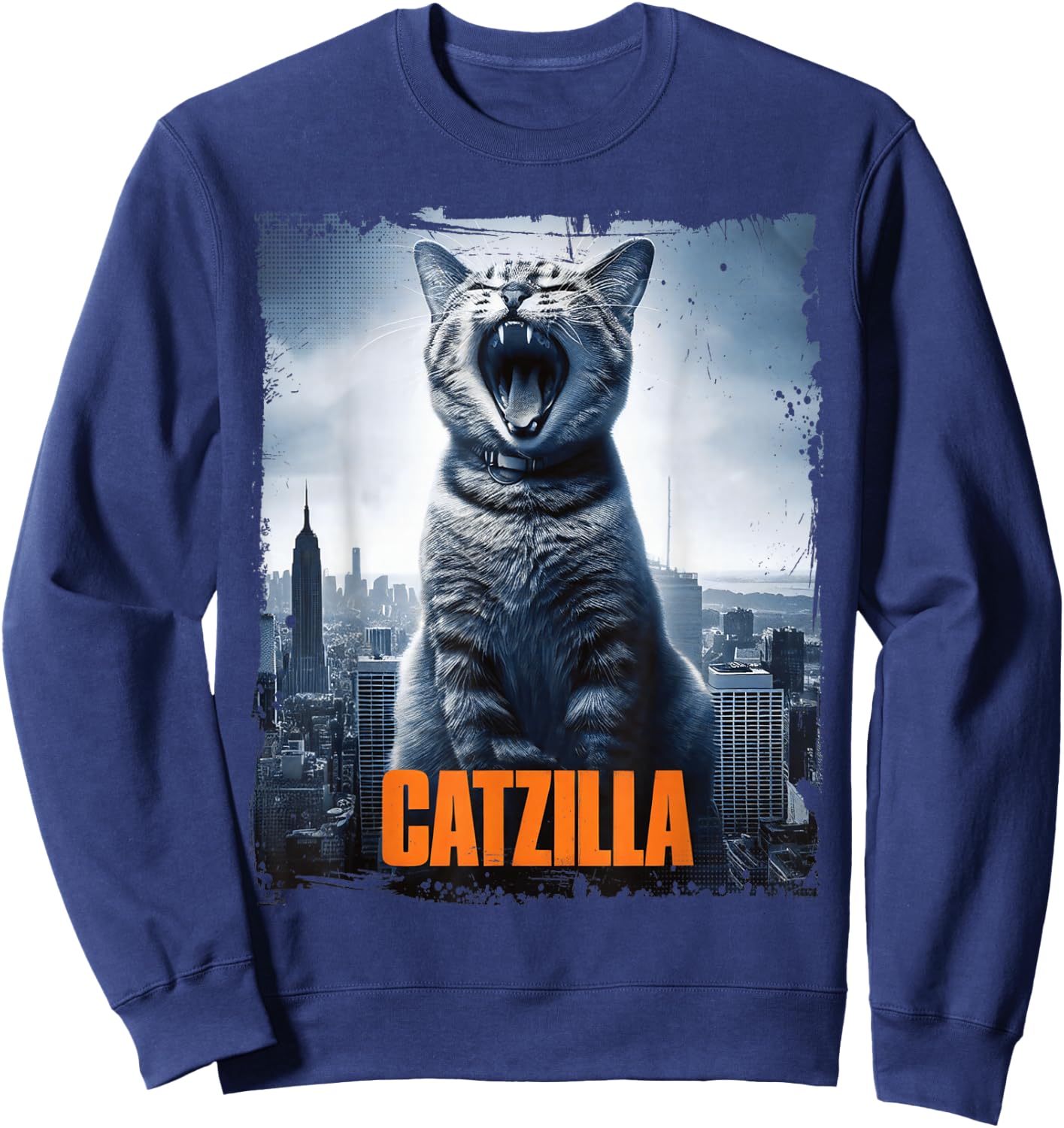 Catzilla Roaring Over City Skyline Cat Monster Kitten Kitty , Small, Black Sweatshirt - Sweatshirt | Navy