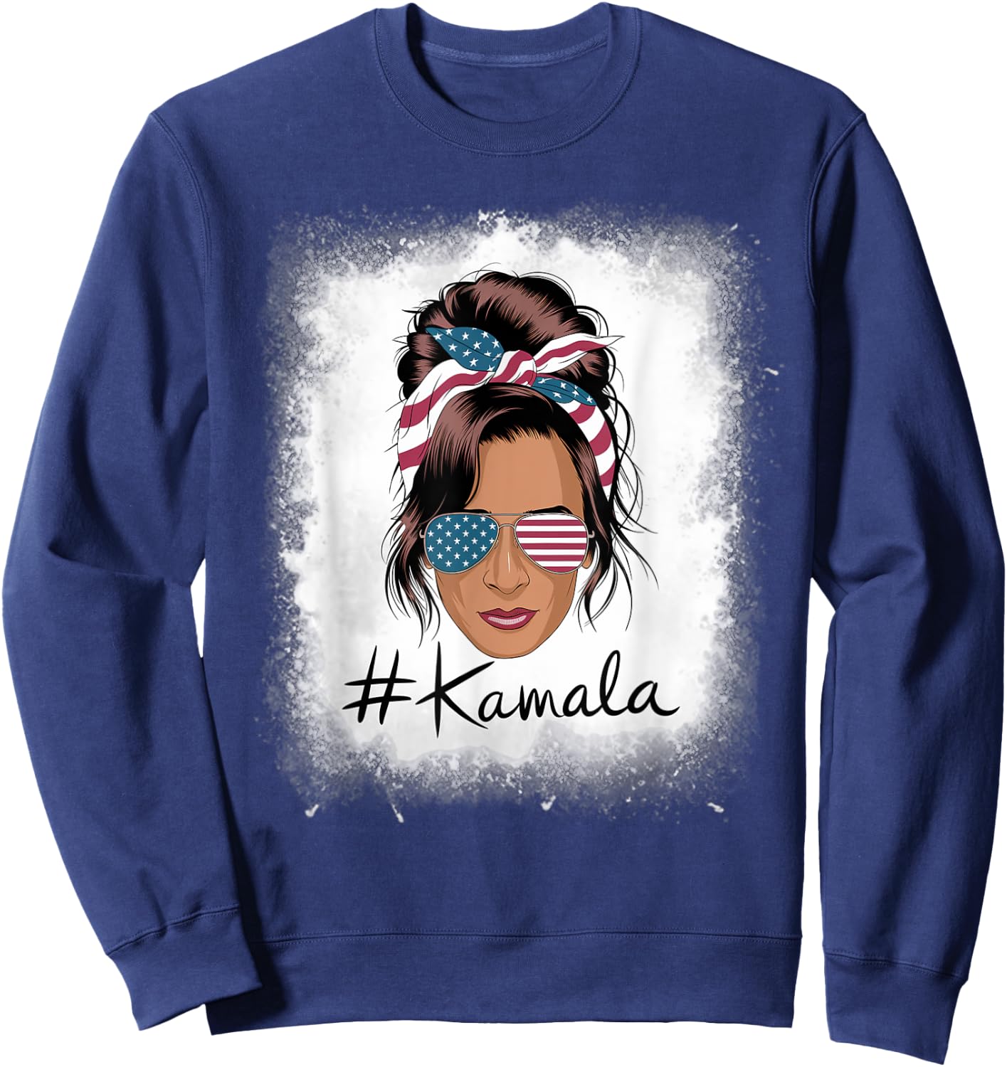 Kamala Harris Retro USA Patriotic American Flag Messy Bun Sweatshirt - Sweatshirt | Navy