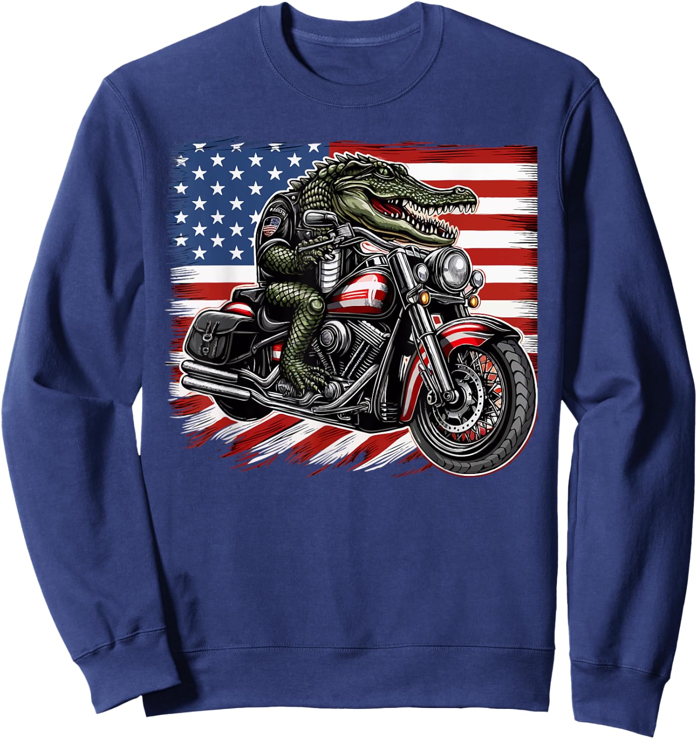 Patriotic American Alligator Riding Motorcycle 4th of July Sweatshirt - Sweatshirt | Navy