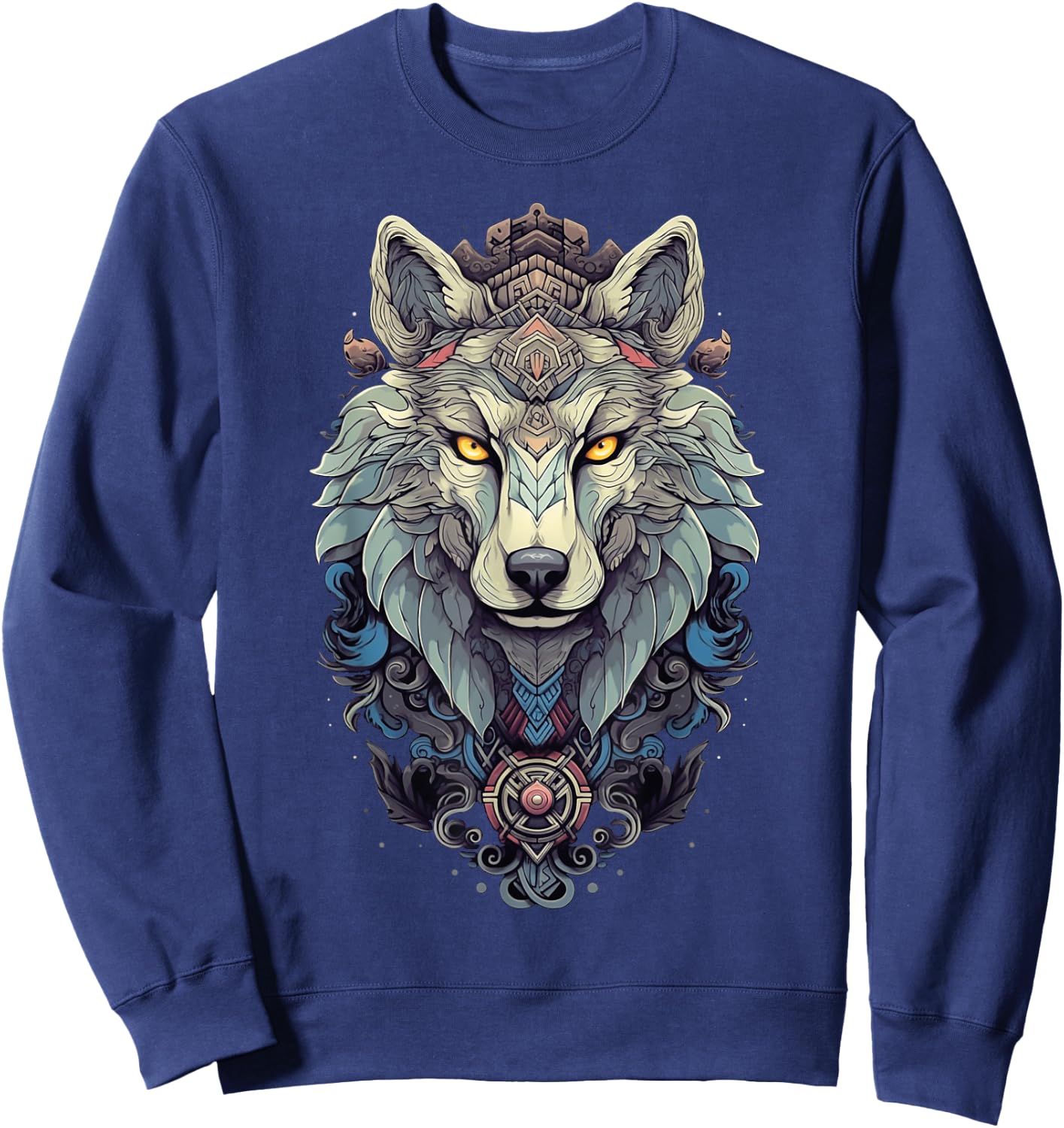 Native American Boho Wolf Splash Art Animal Face Wolf Sweatshirt - Sweatshirt | Navy