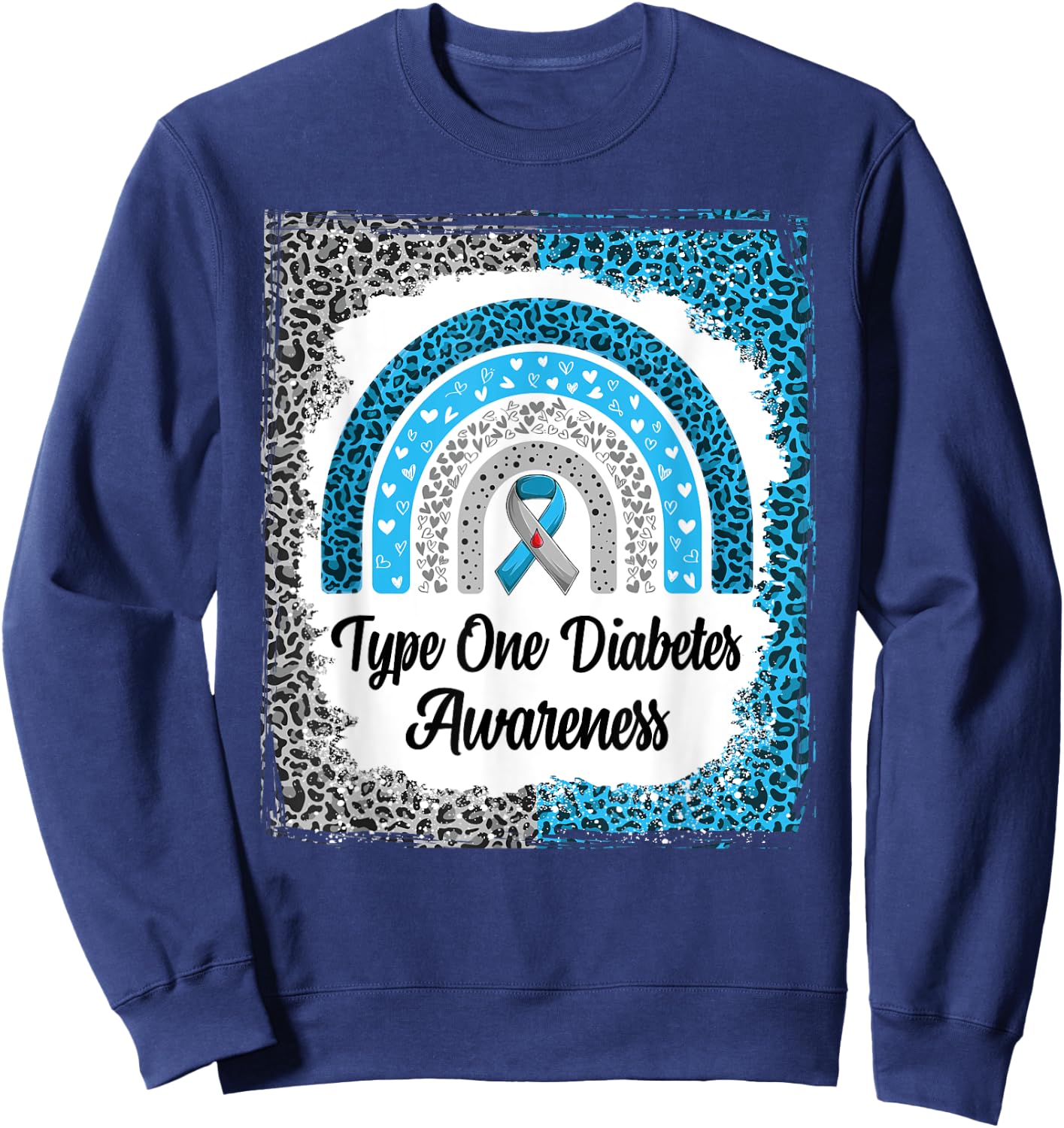 Type 1 Diabetes Awareness Bleached Rainbow leopard Ribbon Sweatshirt - Sweatshirt | Navy