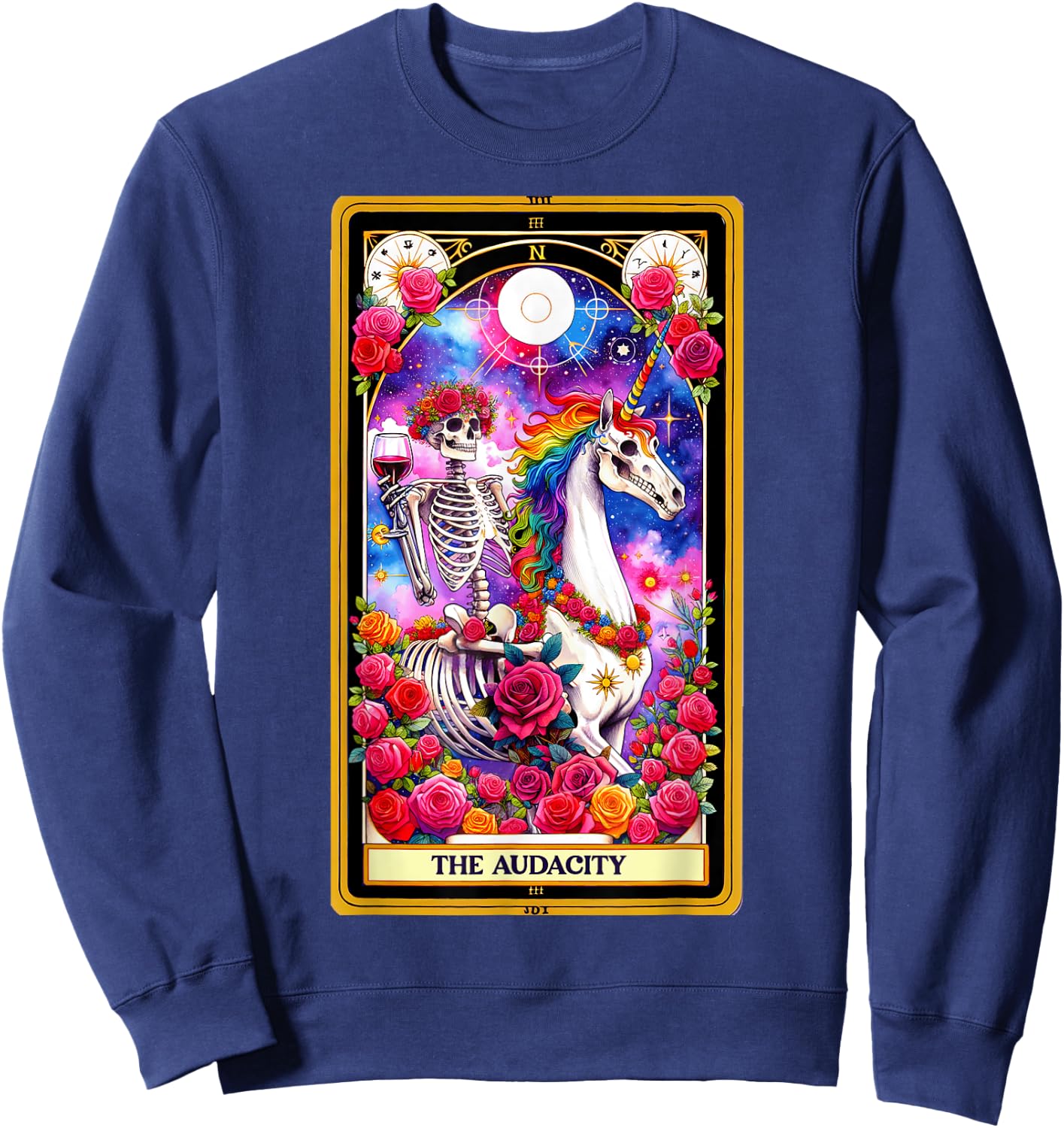 The Audacity Tarot Card Skeleton Skelly Unicorn Wine Women Sweatshirt - Sweatshirt | Navy