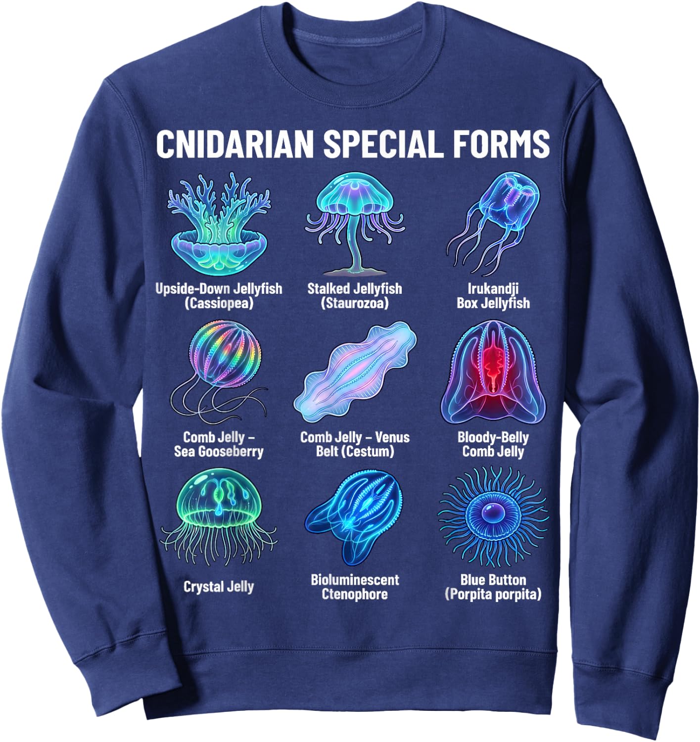Cnidarian Special Forms Jellyfish & Comb Jelly Species Chart Sweatshirt - Sweatshirt | Navy