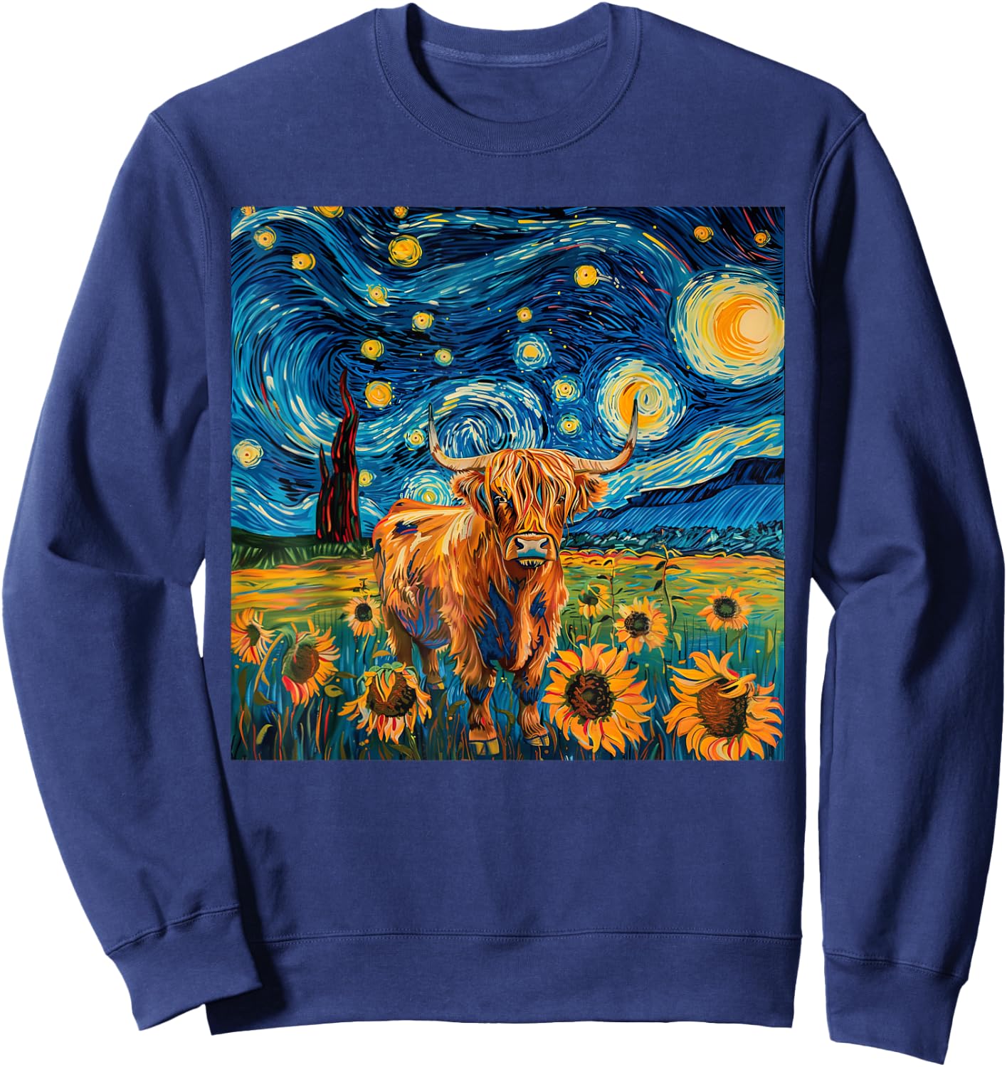 Aesthetic Scottish Highland Cow With Sunflowers Starry Night Sweatshirt - Sweatshirt | Navy