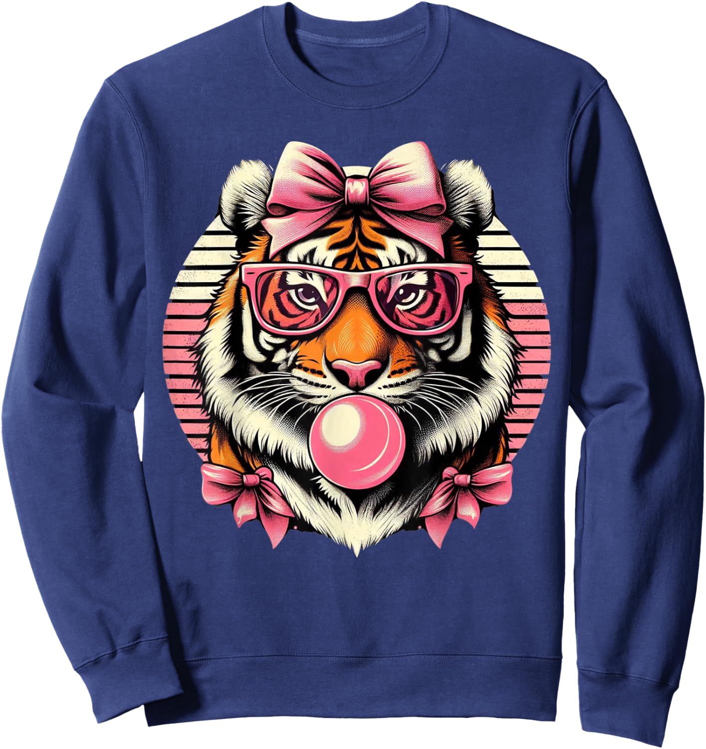 Retro Tiger Wearing Bow pink Glasses Blowing Pink Bubble Gum Sweatshirt - Sweatshirt | Navy