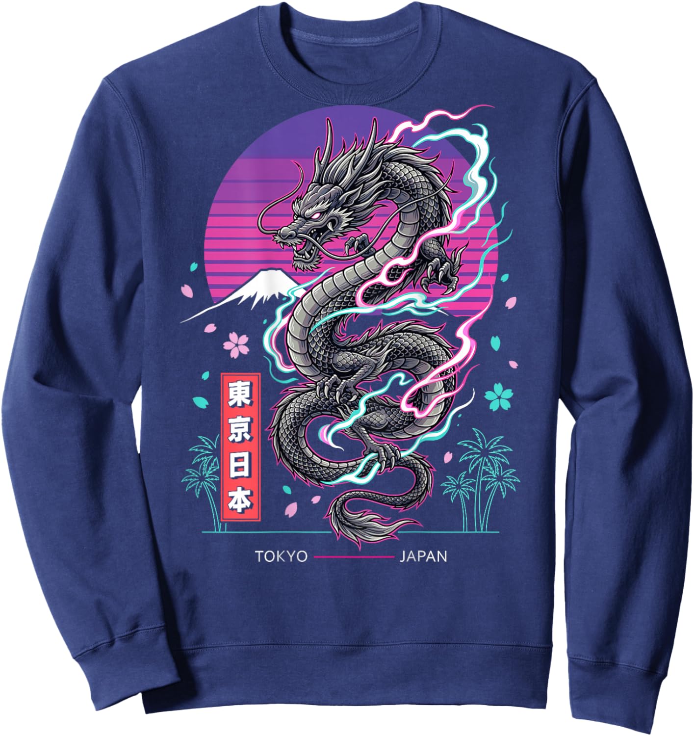 Tokyo Japan Retro Japanese Dragon Asian Style Back Graphic Sweatshirt - Sweatshirt | Navy