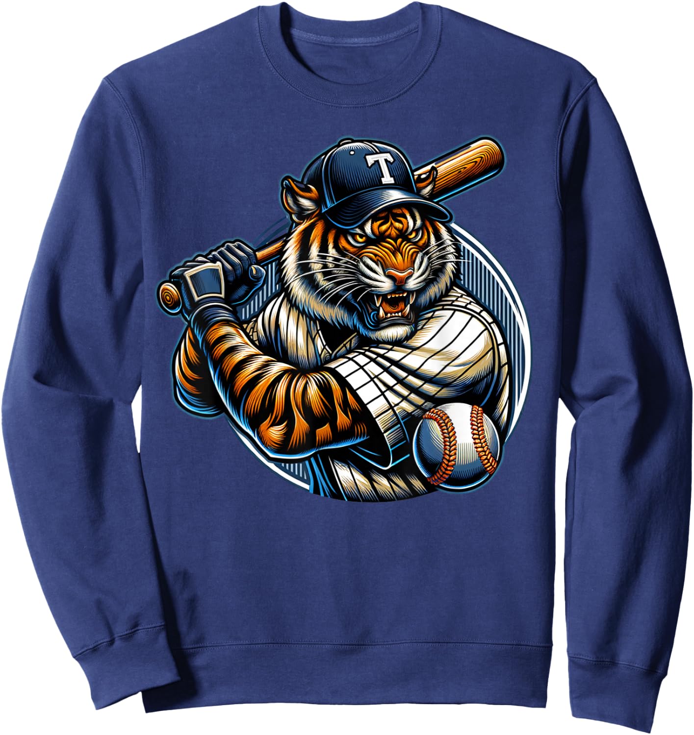 Funny Vintage Tiger Playing Baseball Cute Baseball Men Women Sweatshirt - Sweatshirt | Navy