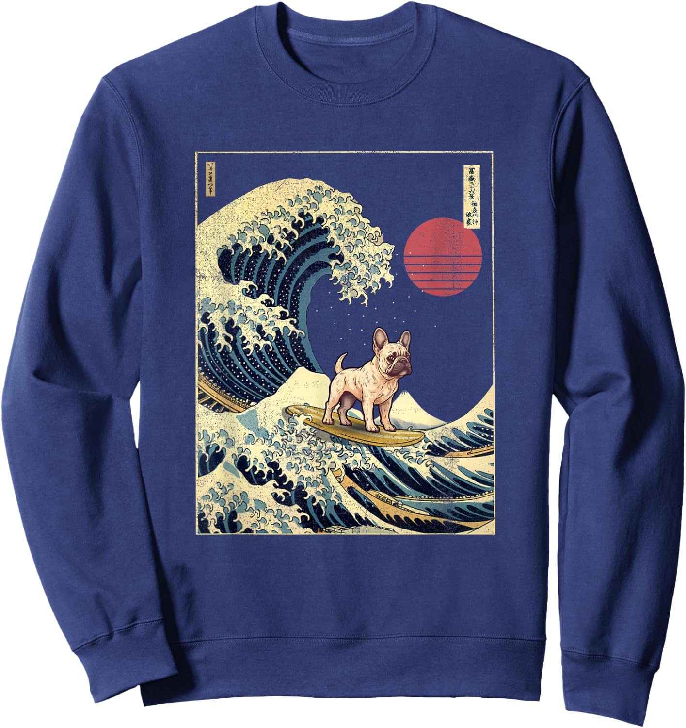 French Bulldog Japanese Kanagawa Wave Funny Surf Dog Sweatshirt - Sweatshirt | Navy