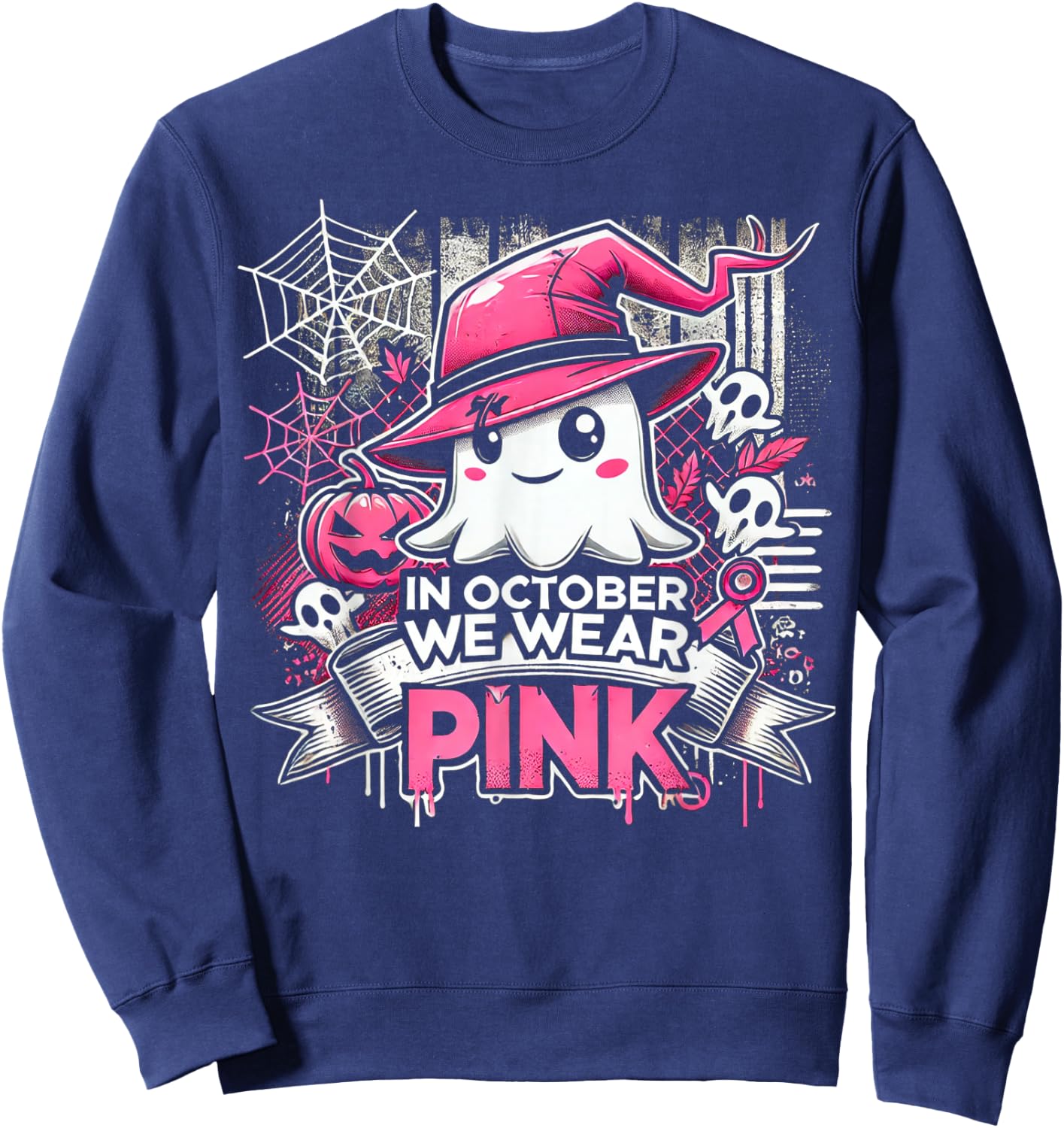 October We Wear Pink Ghost Witch Halloween Sweatshirt - Sweatshirt | Navy