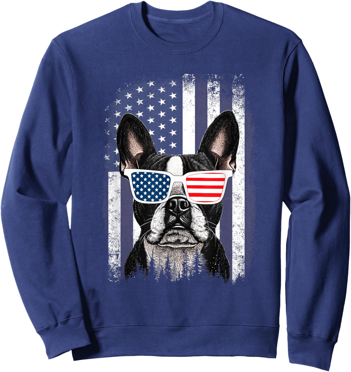 Boston Terrier Dog American Flag 4th of July Sunglasses Sweatshirt - Sweatshirt | Navy