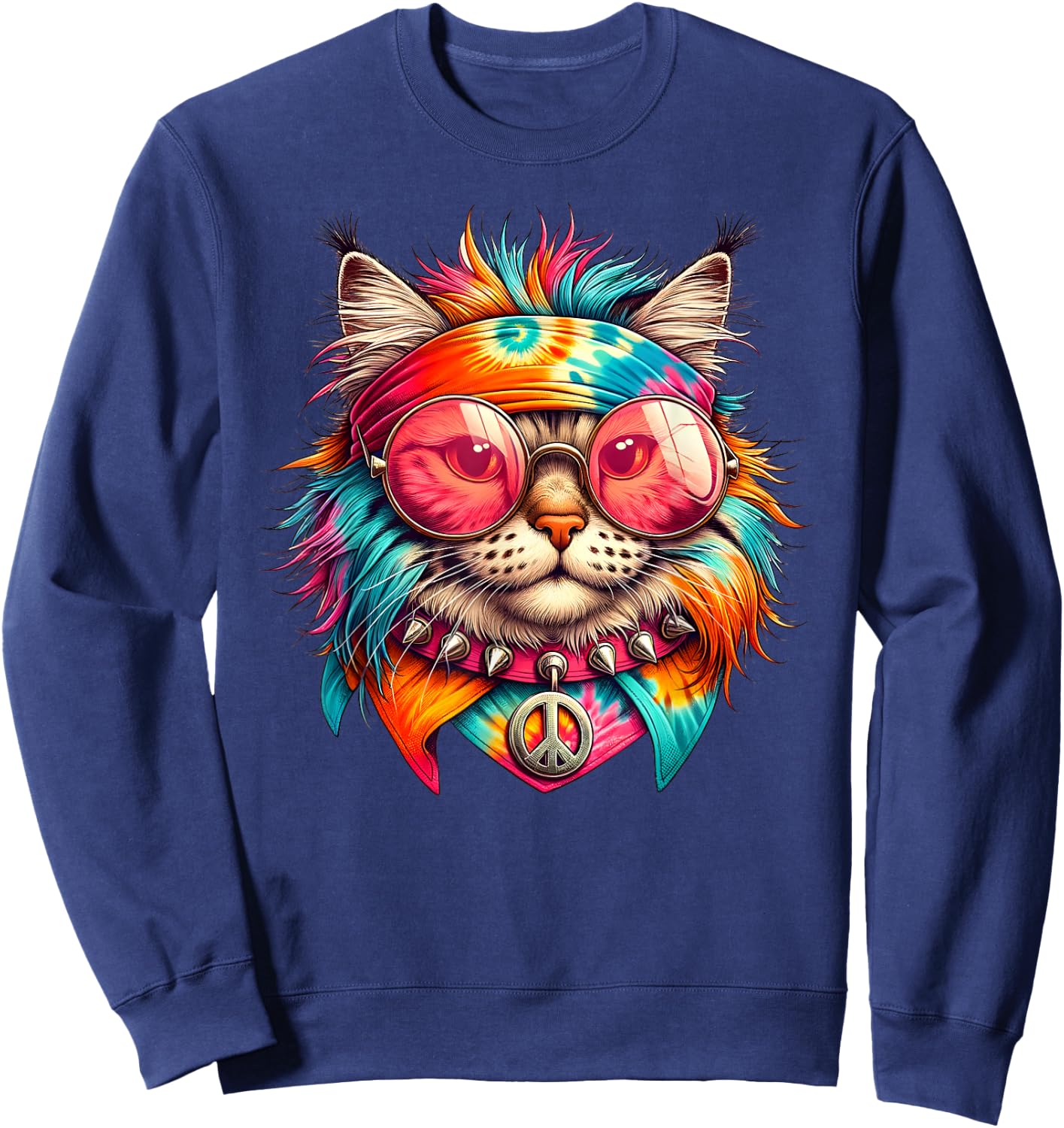 Psychedelic Peace Cat Colorful Hippie Retro Groovy Vibes Sweatshirt - Sweatshirt | Navy