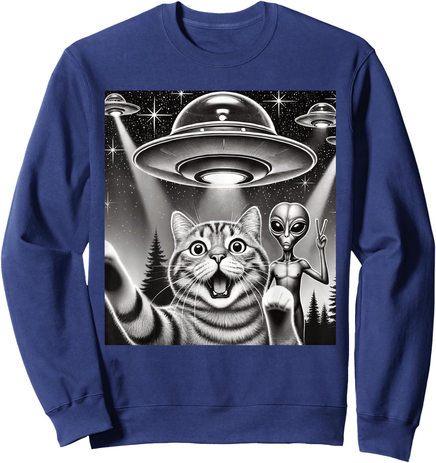 Funny Cat Selfie with UFO Alien Abduction Extraterrestrial Sweatshirt - Sweatshirt | Navy