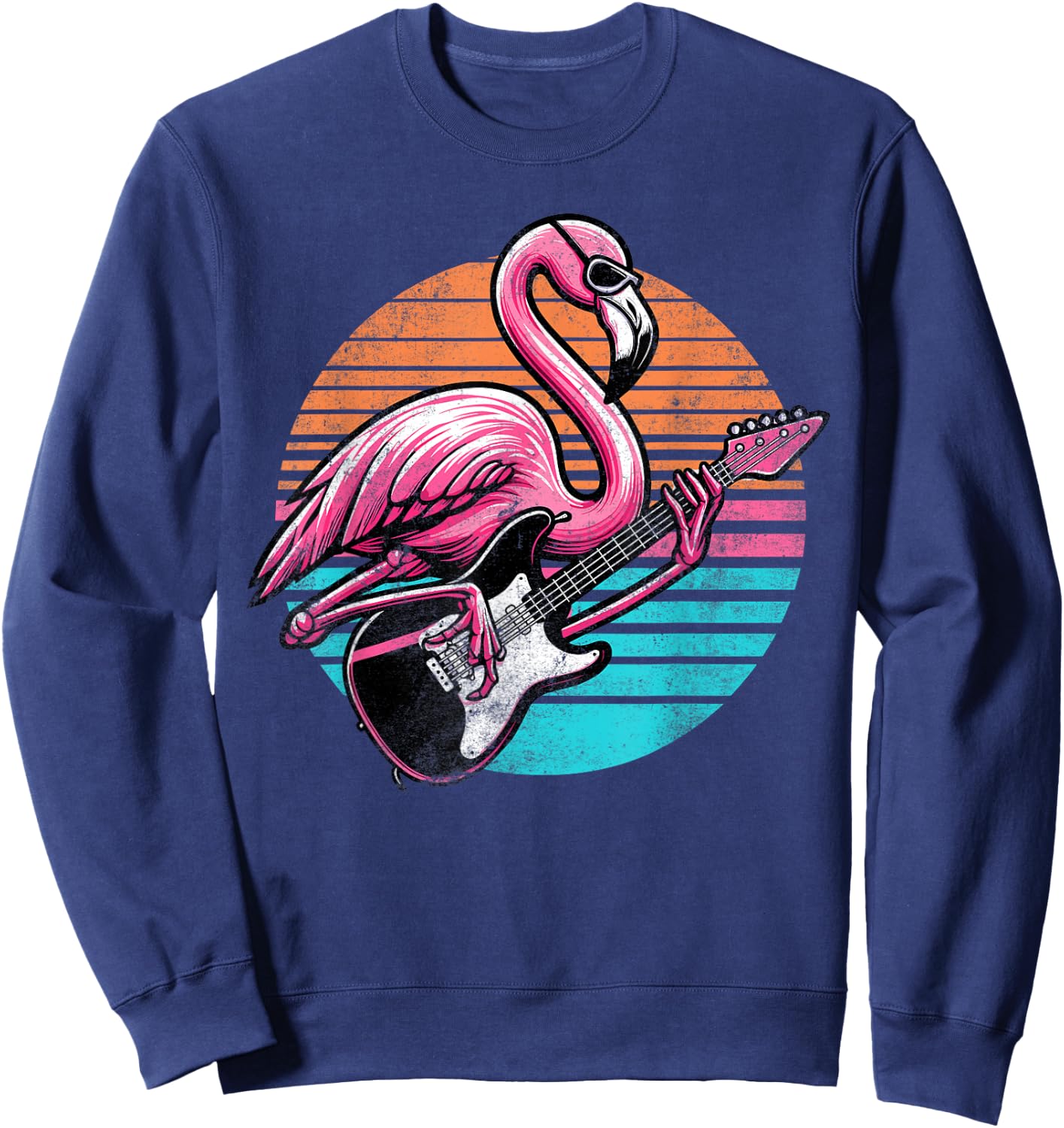 Vintage Style Flamingo Playing Guitar Rock And Roll Retro Sweatshirt - Sweatshirt | Navy