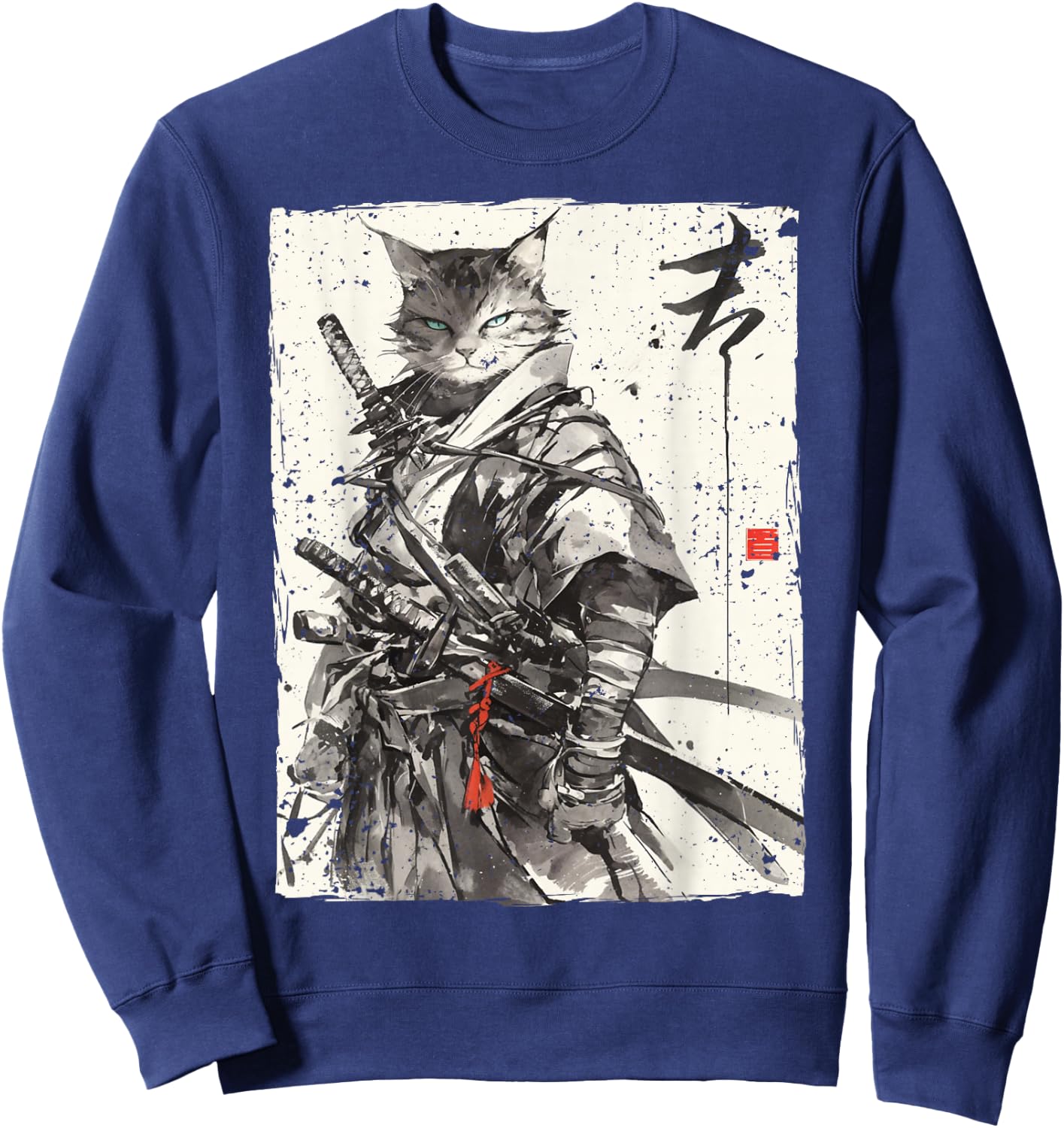 Samurai Cat Warrior Ukiyo Ink Artwork Cat Samurai Sweatshirt - Sweatshirt | Navy