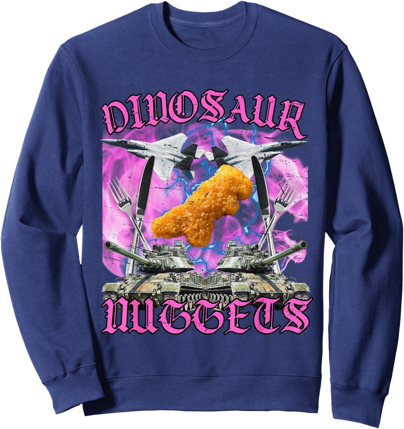 Funny Dinosaur Chicken Nugget Bootleg Hardcore Flames Meme Sweatshirt - Sweatshirt | Navy