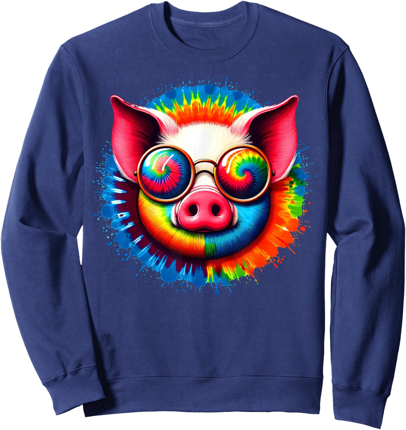 Cool Tie Dye Sunglasses Pig Graphic Illustration Art Sweatshirt - Sweatshirt | Navy