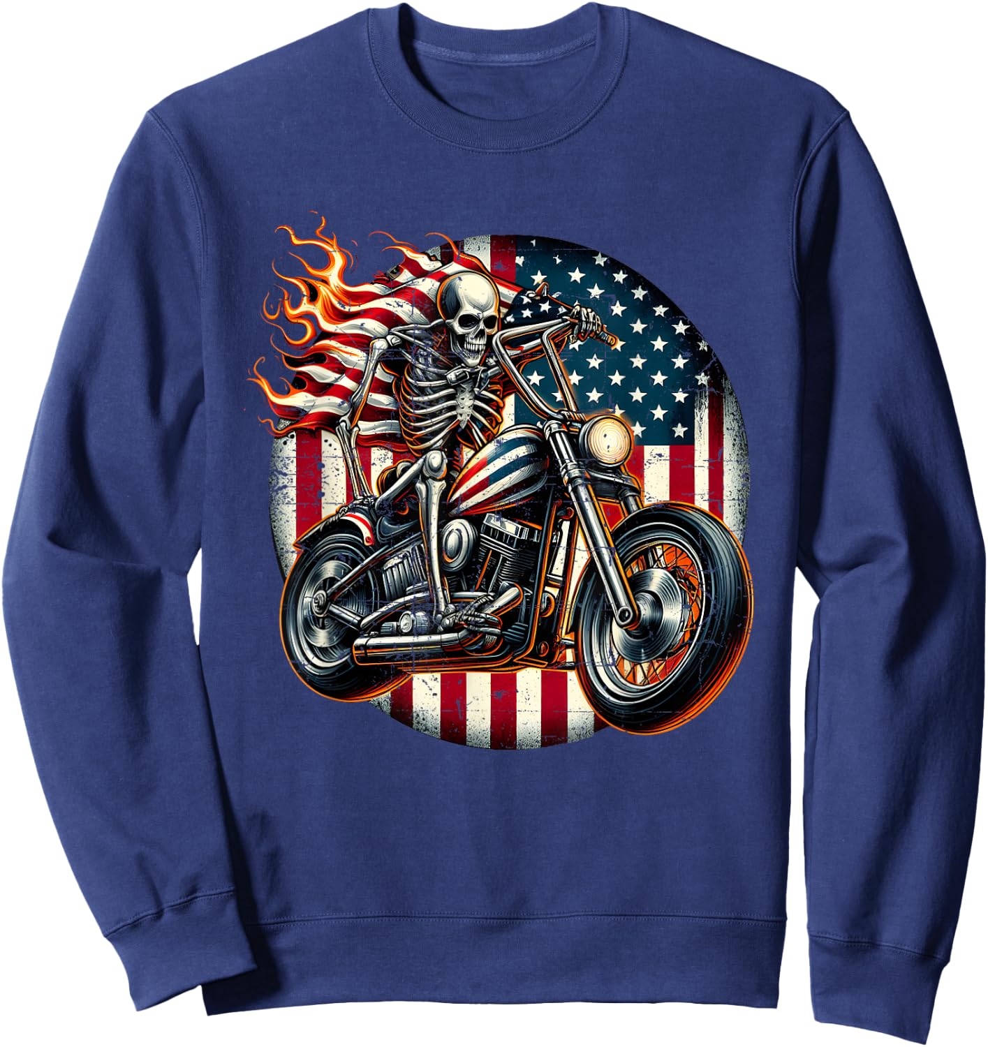 USA Flag Motorcycle Skeleton Biker 4th July American Patriot Sweatshirt - Sweatshirt | Navy