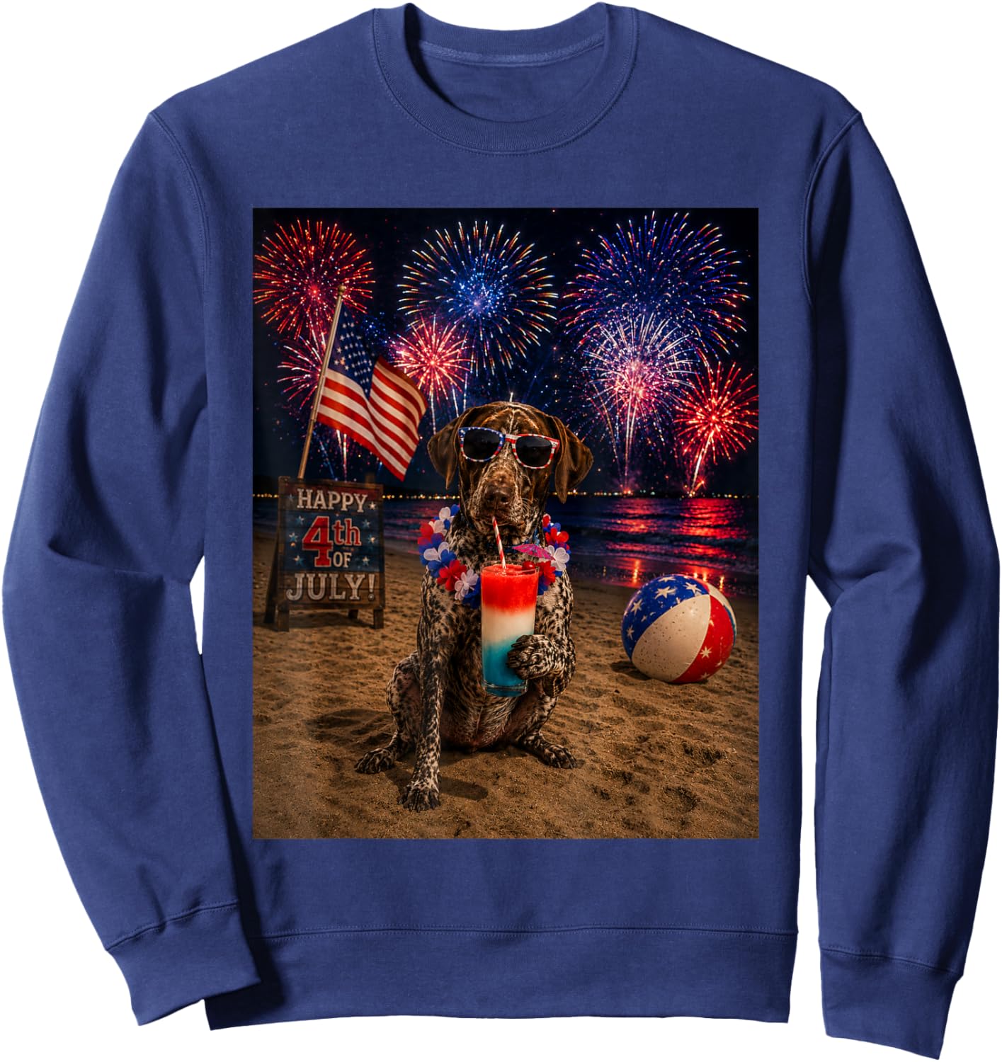 German Shorthaired Pointer Patriotic Beach Fireworks Dog Sweatshirt - Sweatshirt | Navy