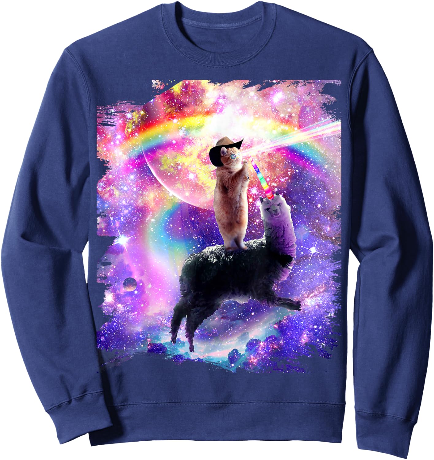 Laser Galaxy Space Cat on Rainbow Llama Unicorn Sweatshirt - Sweatshirt | Navy