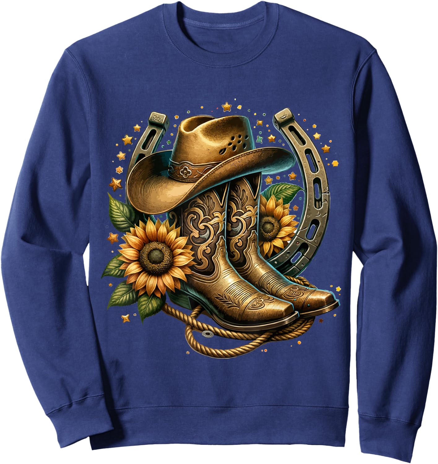 Vintage Rustic Western Country Cowboy Boot Art - Women's Western Themed Floral Boot, Rope & Hat - Black, Small Sweatshirt - Sweatshirt | Navy