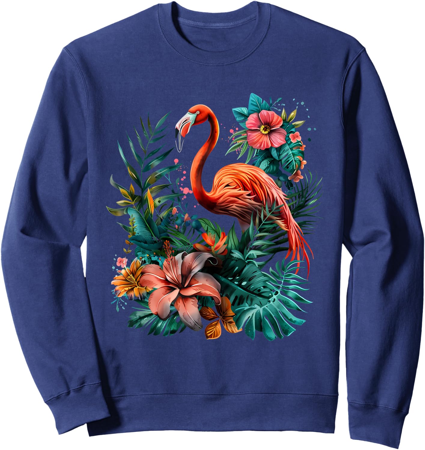 Pink Flamingo Bird Floral Artwork Nature Pink Flamingo Bird Sweatshirt - Sweatshirt | Navy