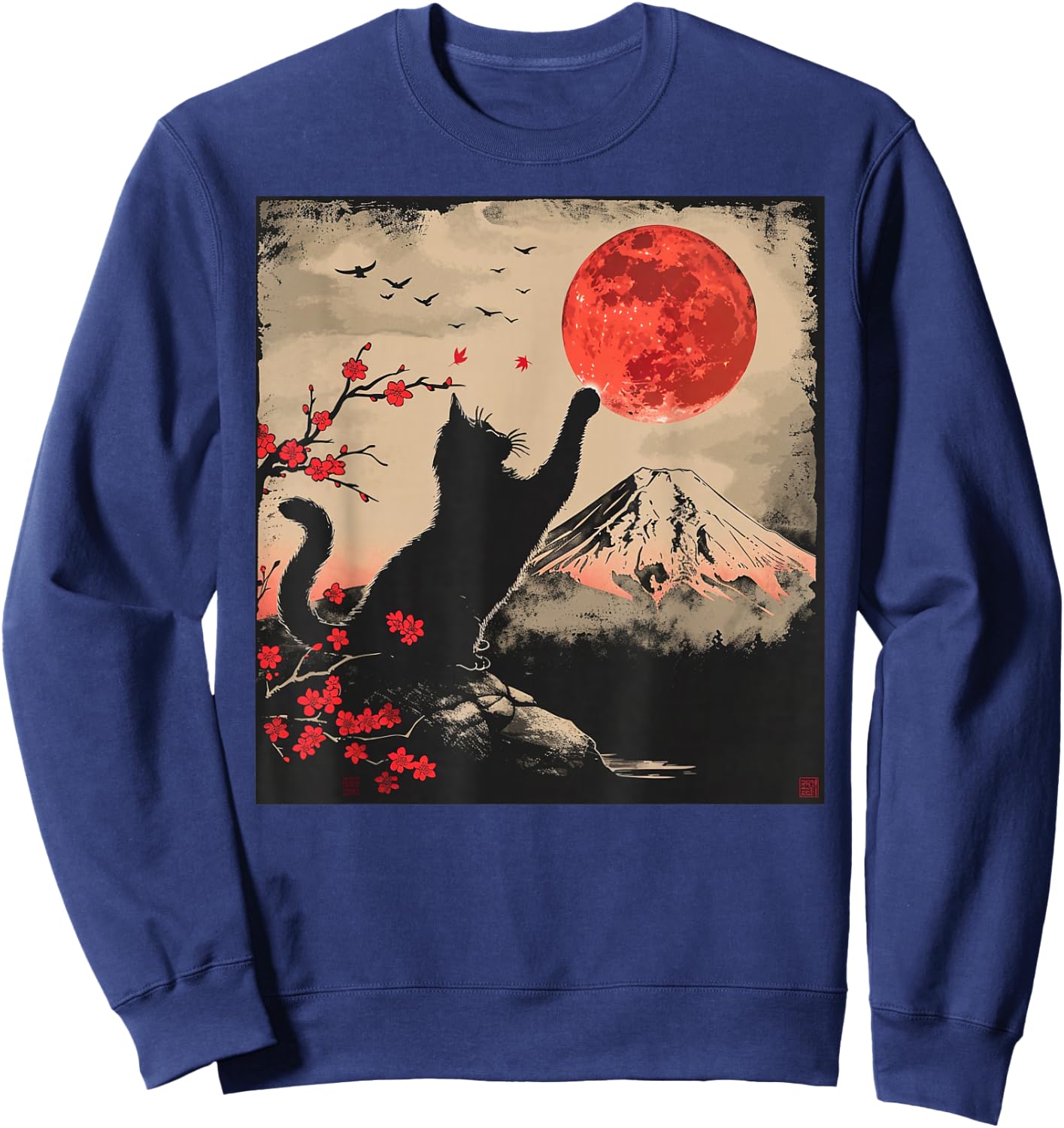 Vintage Japan Art Japanese Theme Retro Print Black Cat Sweatshirt - Sweatshirt | Navy