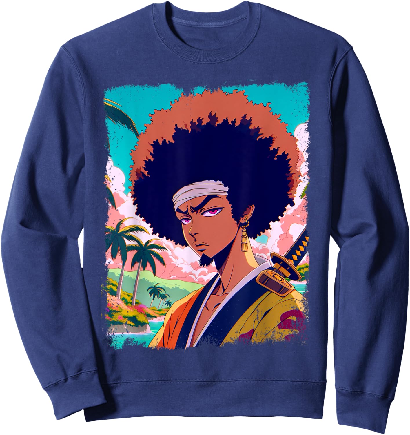 Afro-American Samurai Anime Manga Fighter Japanese Graphic Sweatshirt - Sweatshirt | Navy