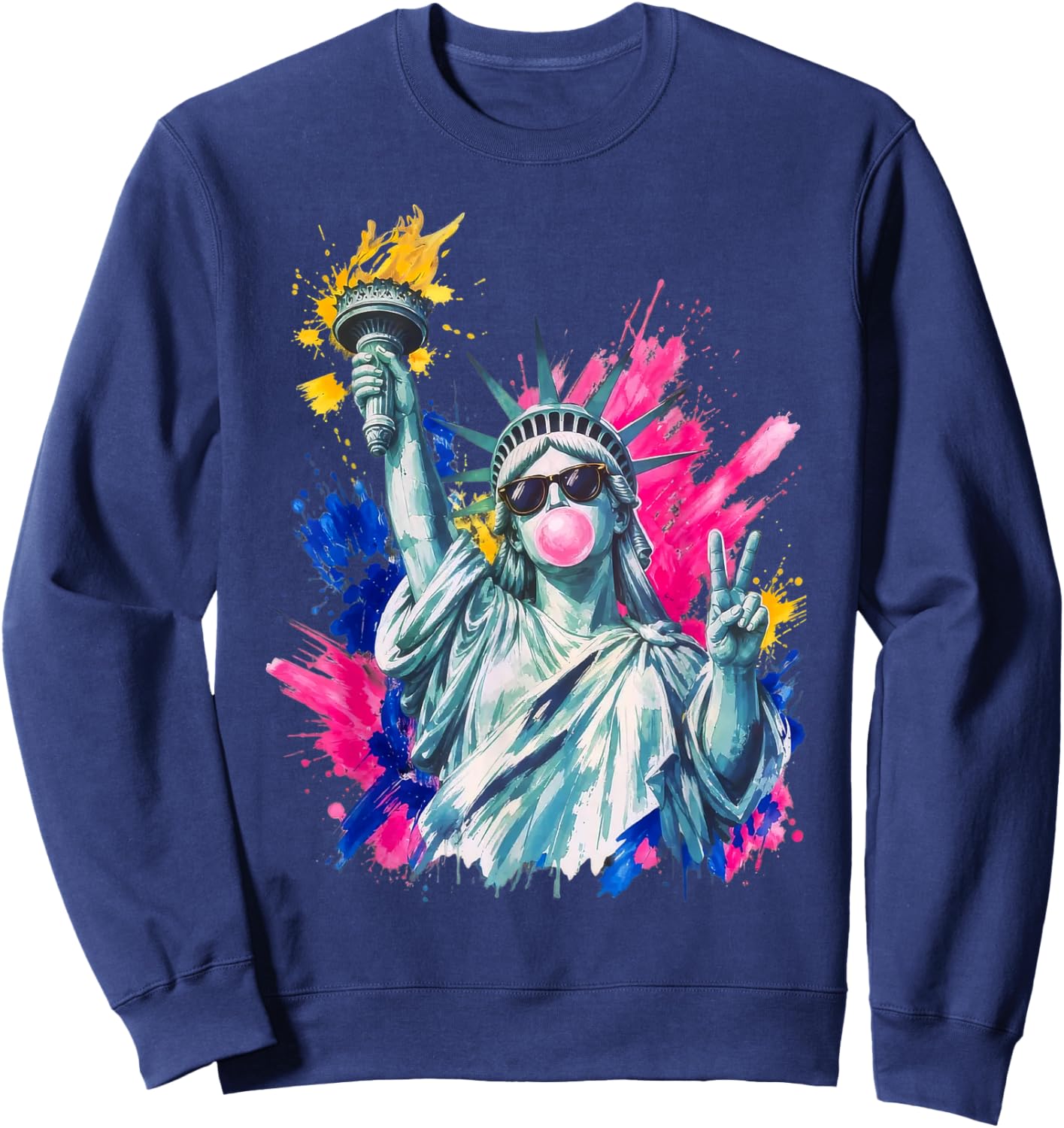 Preppy Statue of Liberty Blowing Bubble Gum 4th of July Sweatshirt - Sweatshirt | Navy