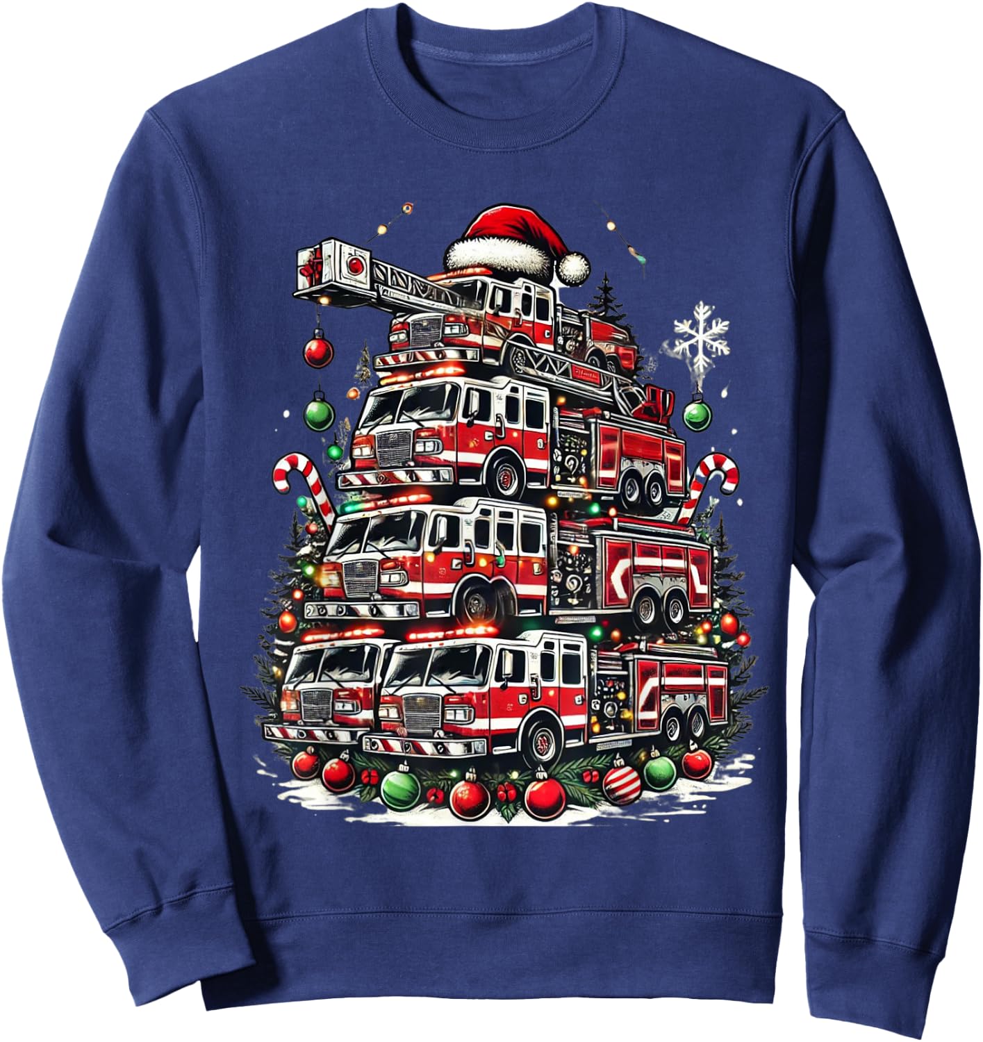 Firefighter Fire Truck Christmas Tree Lights Santa Fireman Sweatshirt - Sweatshirt | Navy