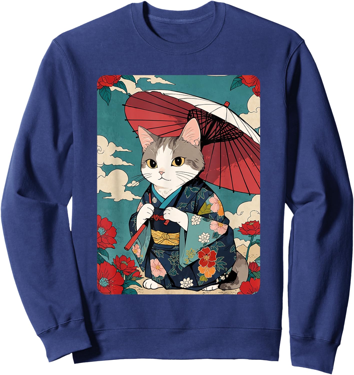Cute Geisha Cat Japanese Cat Retro Neko Vintage Art Ukiyo-e Men Women Girls Kids Sweatshirt - Sweatshirt | Navy