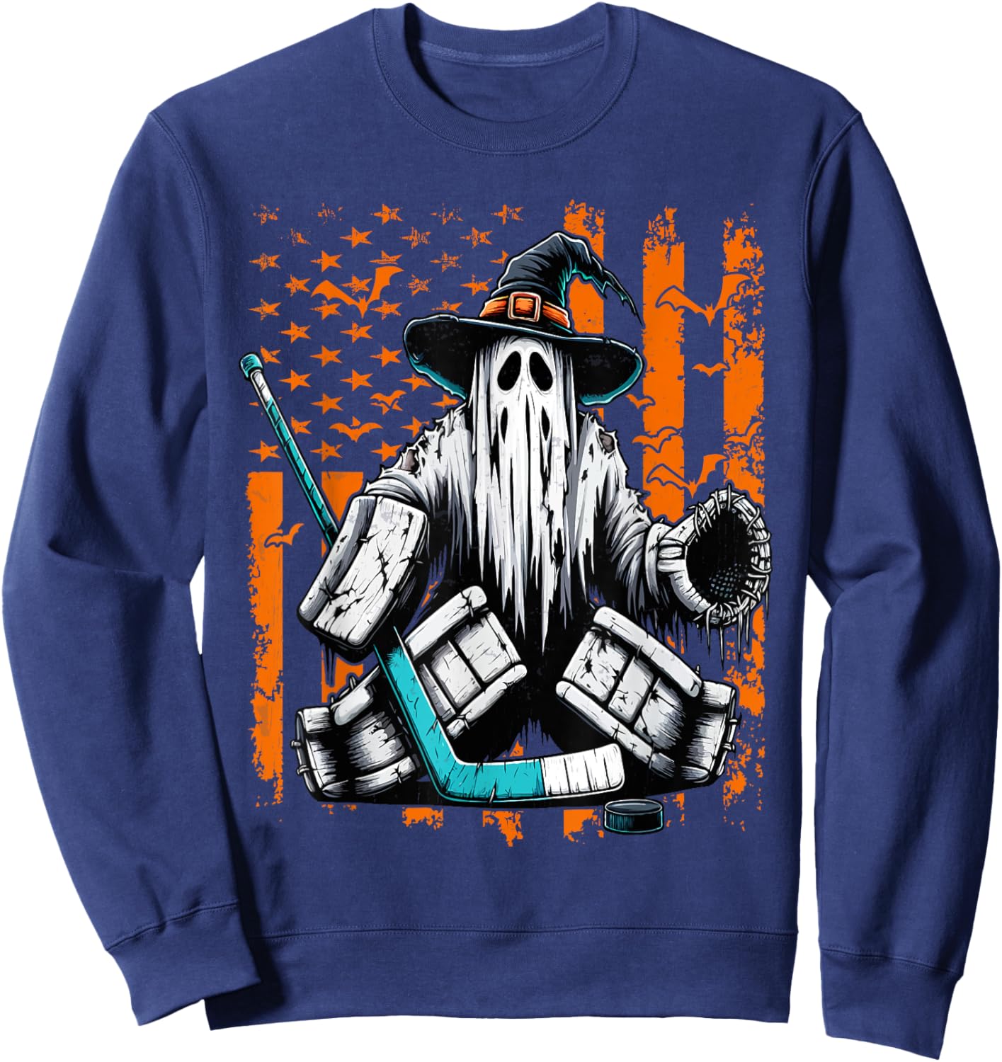 Hockey Goalie Ghost Halloween American Flag Ice Hockey Sweatshirt - Sweatshirt | Navy