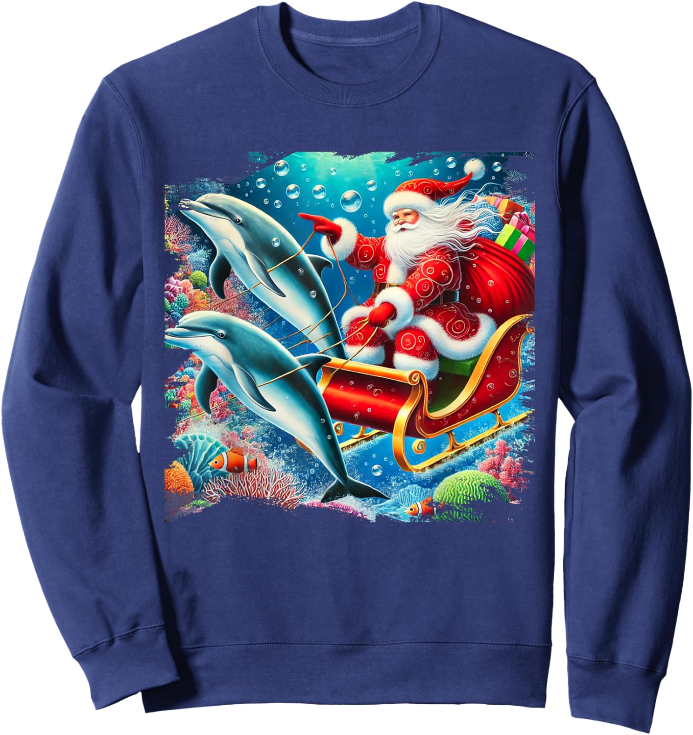 Santa Riding Dolphin Reindeer, Ocean Christmas Sweatshirt - Sweatshirt | Navy