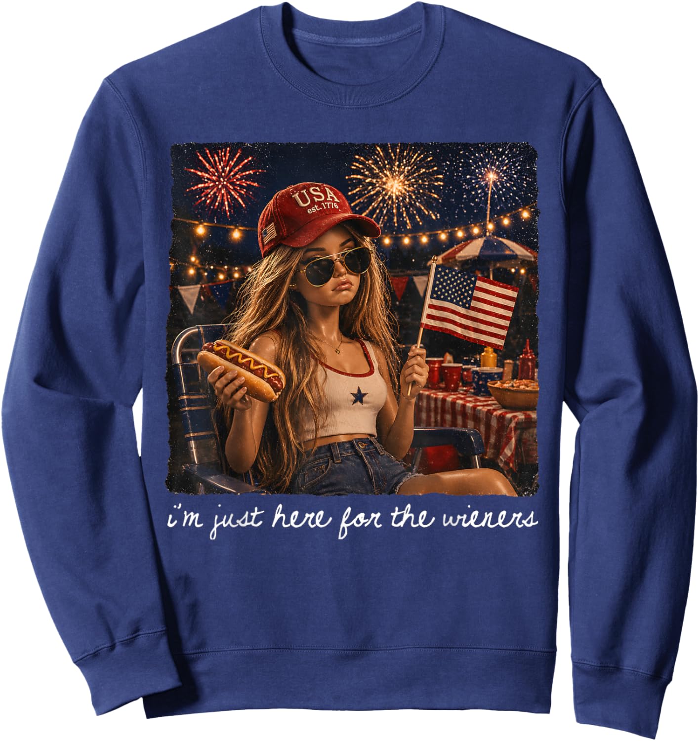Just Here for The Wieners Funny 4th of July Meme Face Girl Sweatshirt - Sweatshirt | Navy
