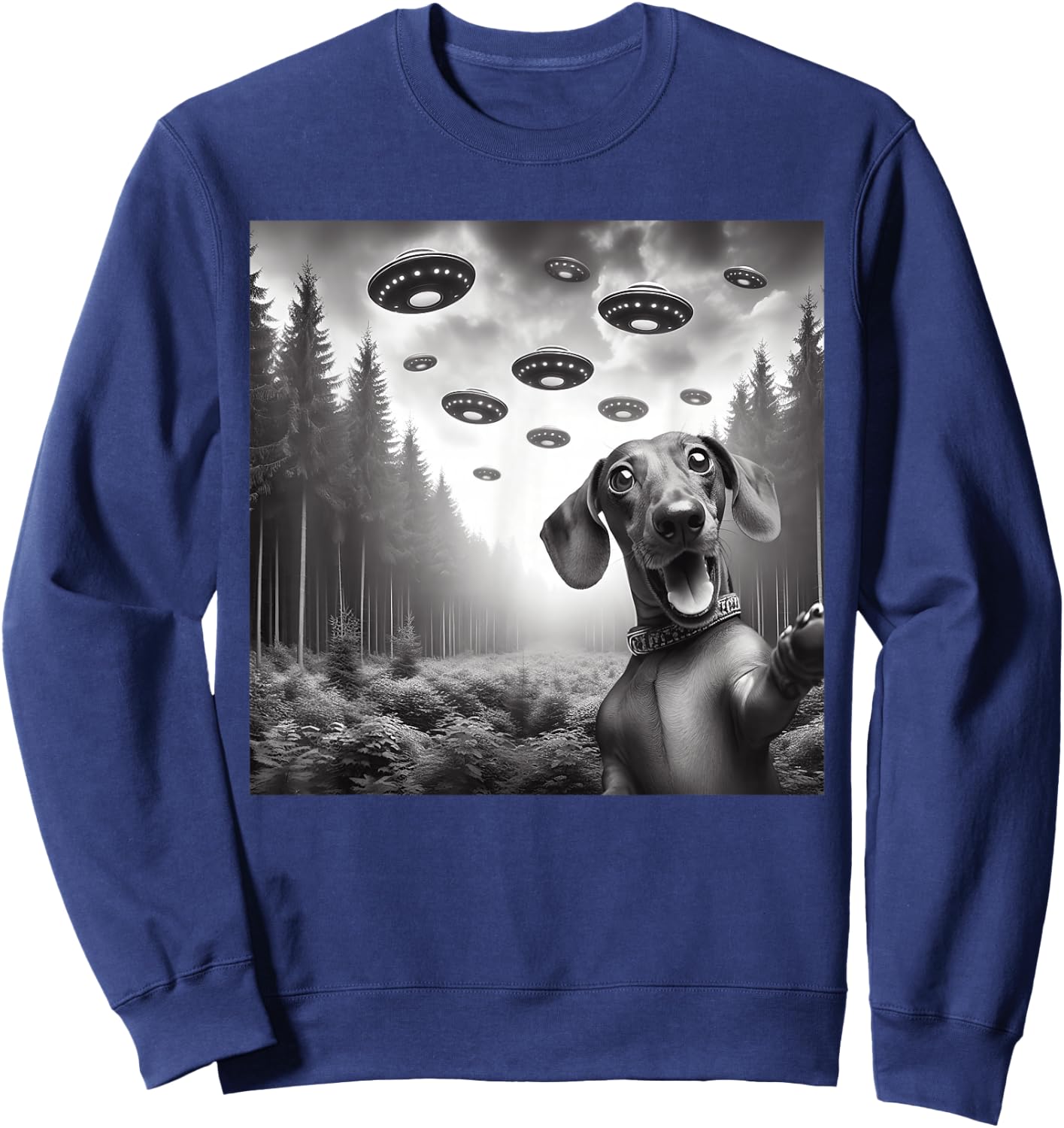 Funny Dachshund Dog Selfie With UFO Alien UFO Themed Stuff Sweatshirt - Sweatshirt | Navy