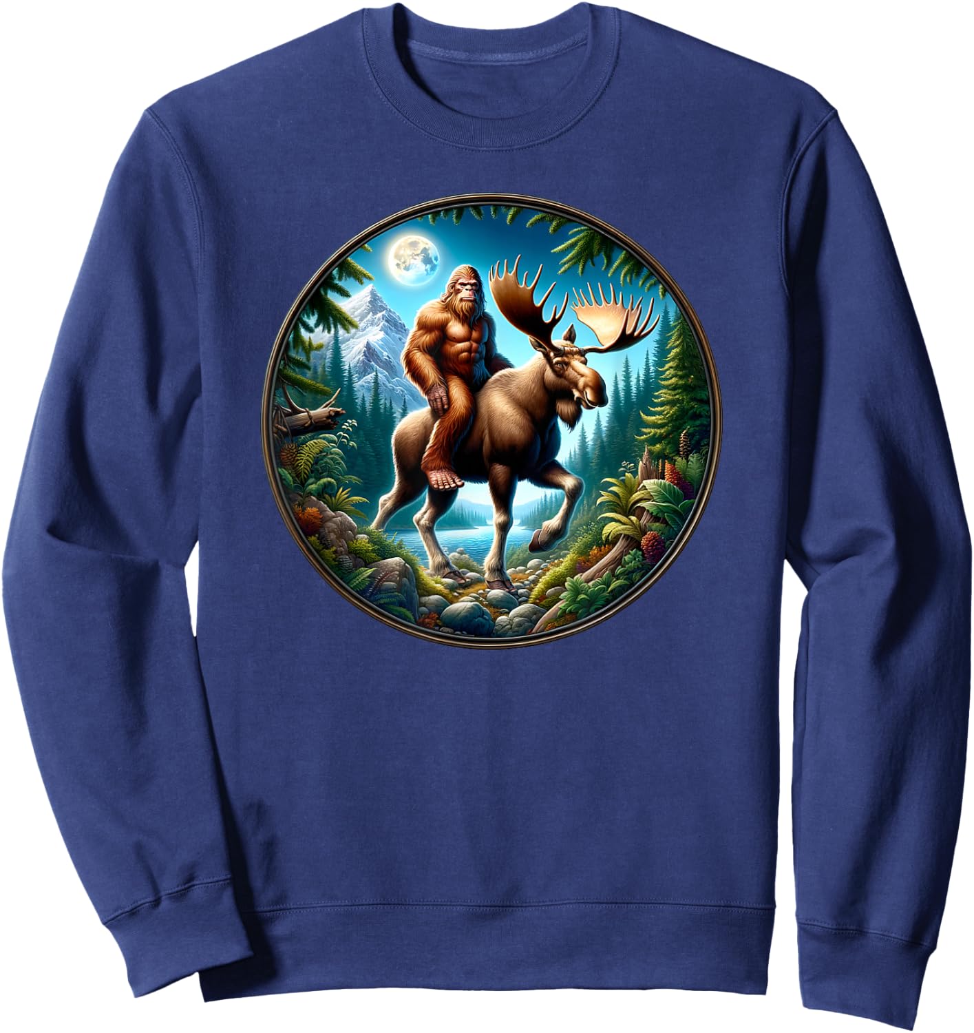 Bigfoot Riding a Moose, Sasquatch Cryptid Wilderness Sweatshirt - Sweatshirt | Navy