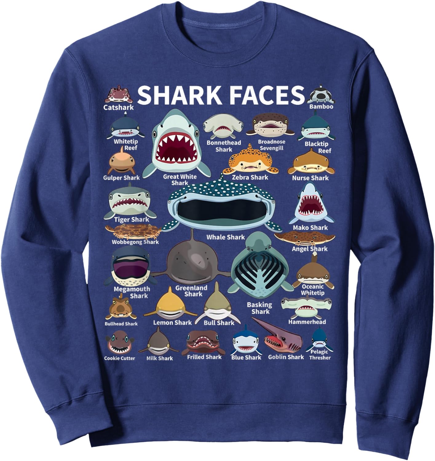 Shark Faces - Type of Shark - Shark Faces of All Kinds Sweatshirt - Sweatshirt | Navy