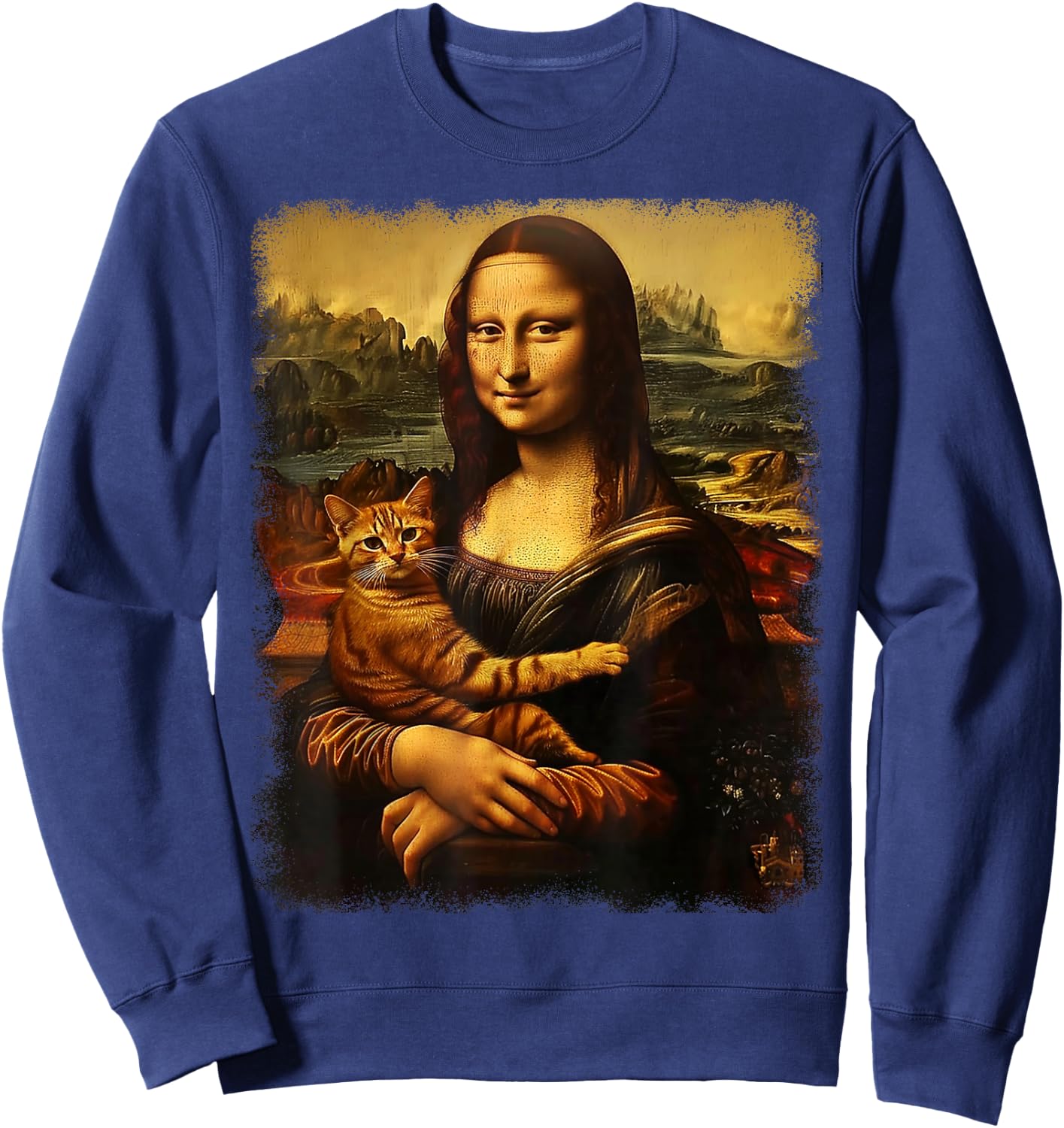 Mona Lisa With Cat Cat Print Black Small -Kids -Adults Short Sleeve Sweatshirt - Sweatshirt | Navy