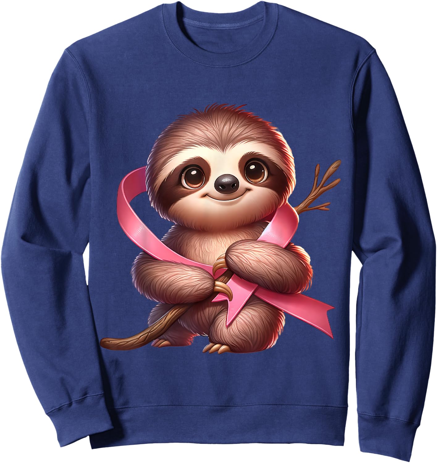 Breast Cancer Awareness Cute Sloth Pink Ribbon Animal Sweatshirt - Sweatshirt | Navy