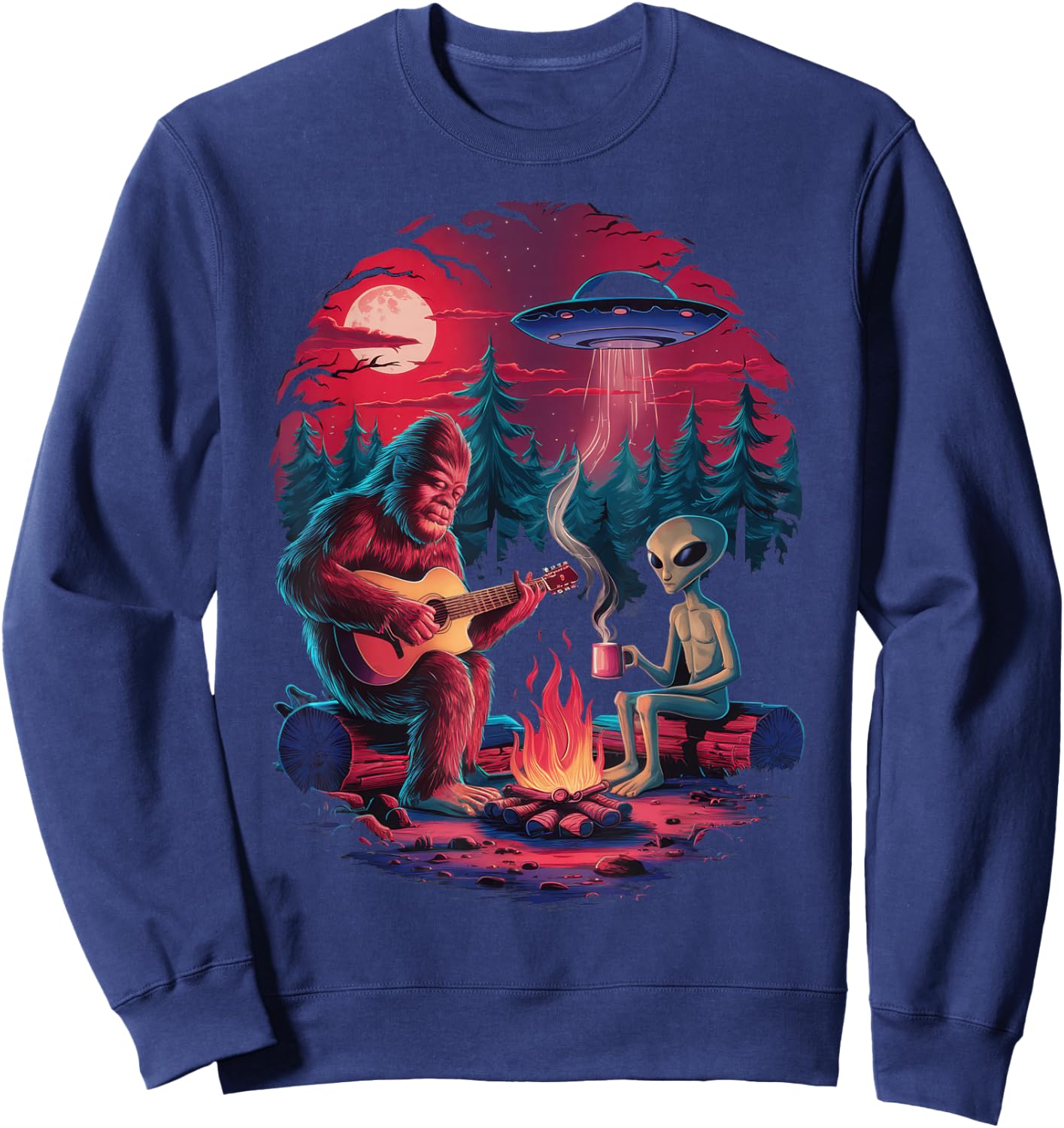 Funny Alien and Bigfoot Campfire Moon UFO Adventure Hiking Sweatshirt - Sweatshirt | Navy