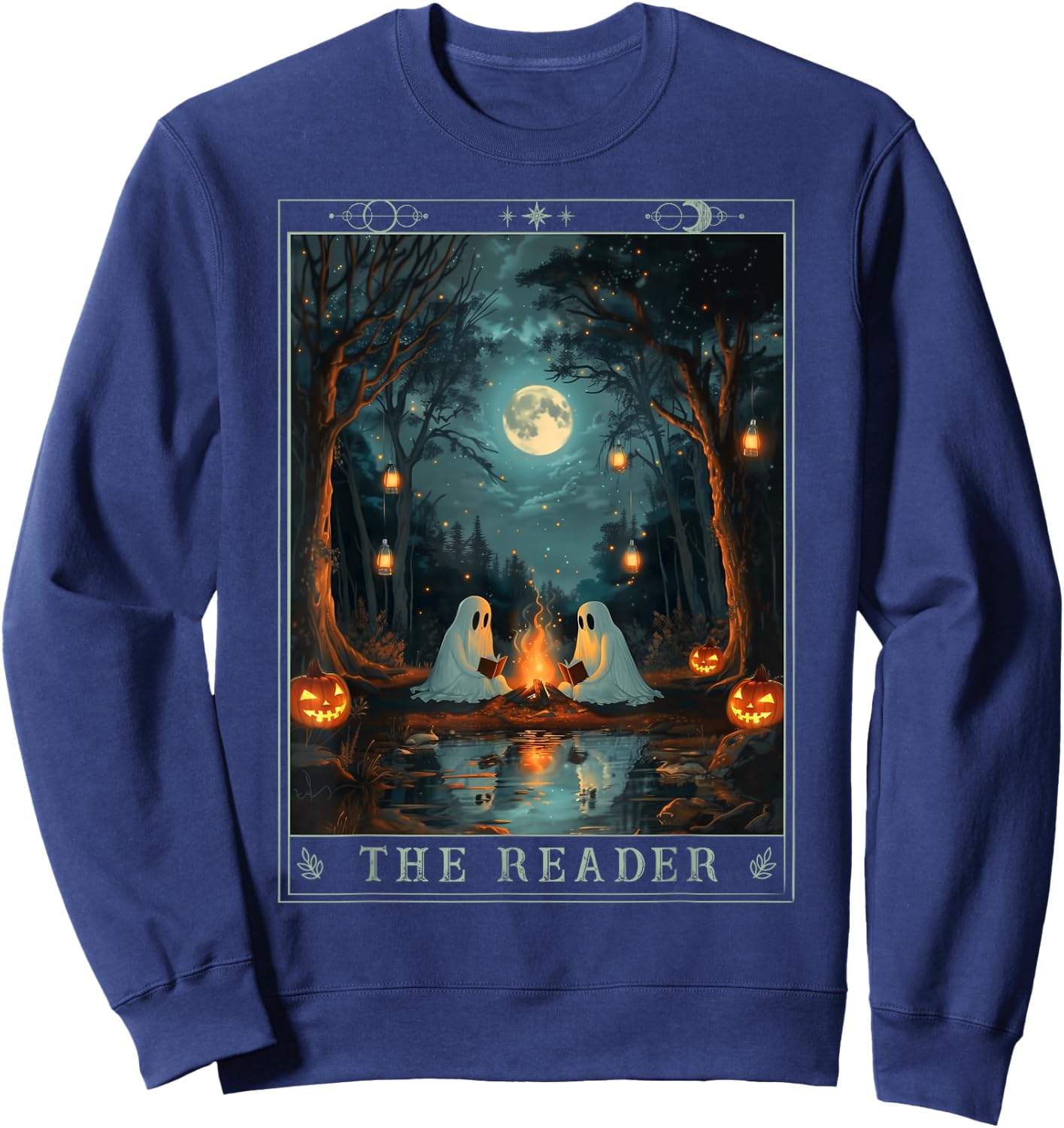 The Reader Bookish Cute Spooky Ghost Reading Book Tarot Card Sweatshirt - Sweatshirt | Navy