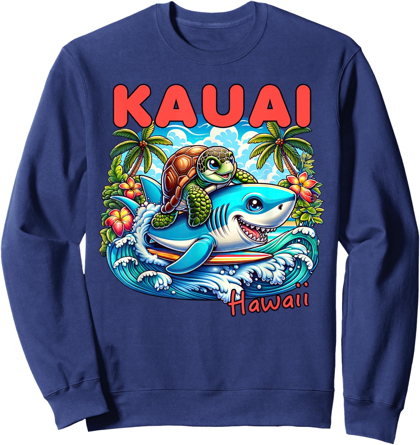 Kauai Hawaii Beach Turtle and Shark Women Girls Kids Sweatshirt - Sweatshirt | Navy
