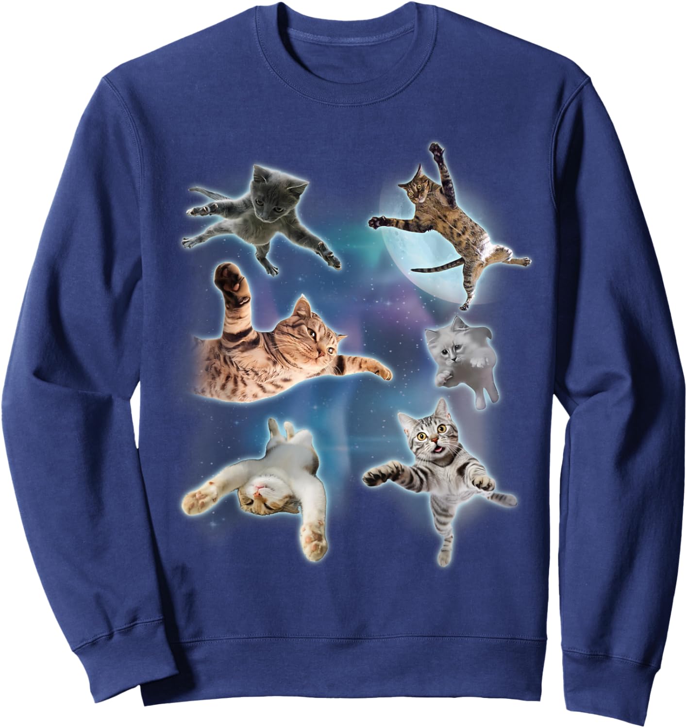 Cats Floating In Galaxy Graphic Vintage 90s Funny Cat Meme Women Kids Sweatshirt - Sweatshirt | Navy