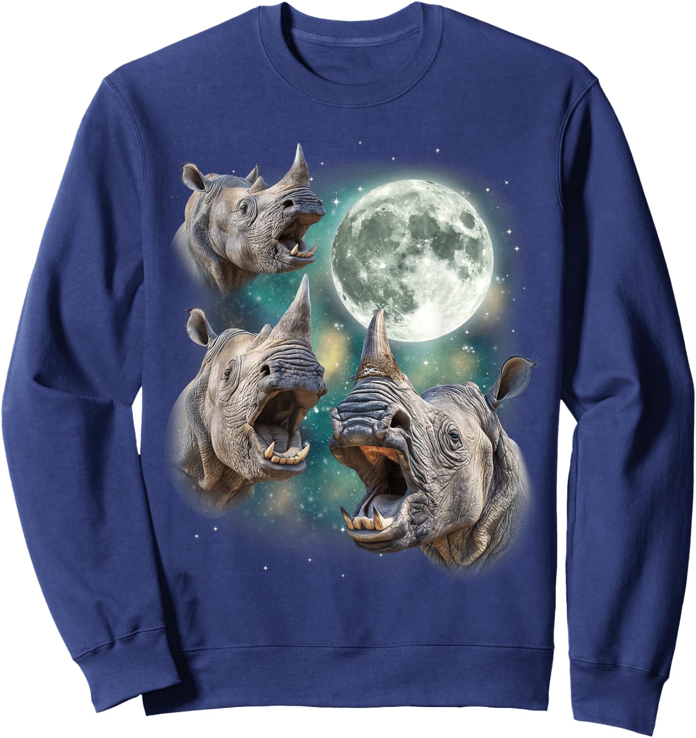 Three Rhino Moon | 3 Howling Rhinos Safari Animal Parody Sweatshirt - Sweatshirt | Navy