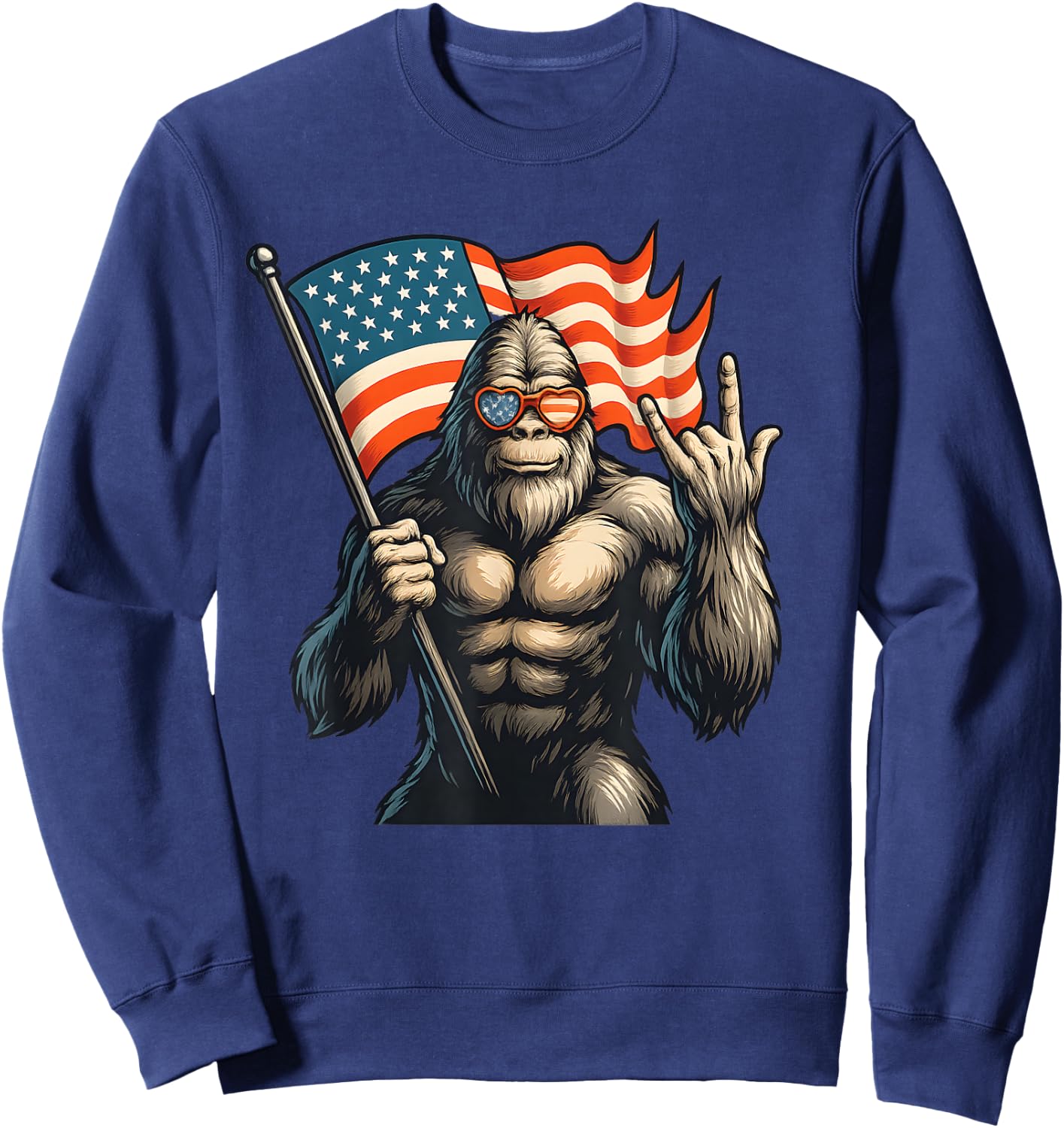 Patriotic Bigfoot Holding USA Flag Rock Hand Sunglasses Sweatshirt - Sweatshirt | Navy
