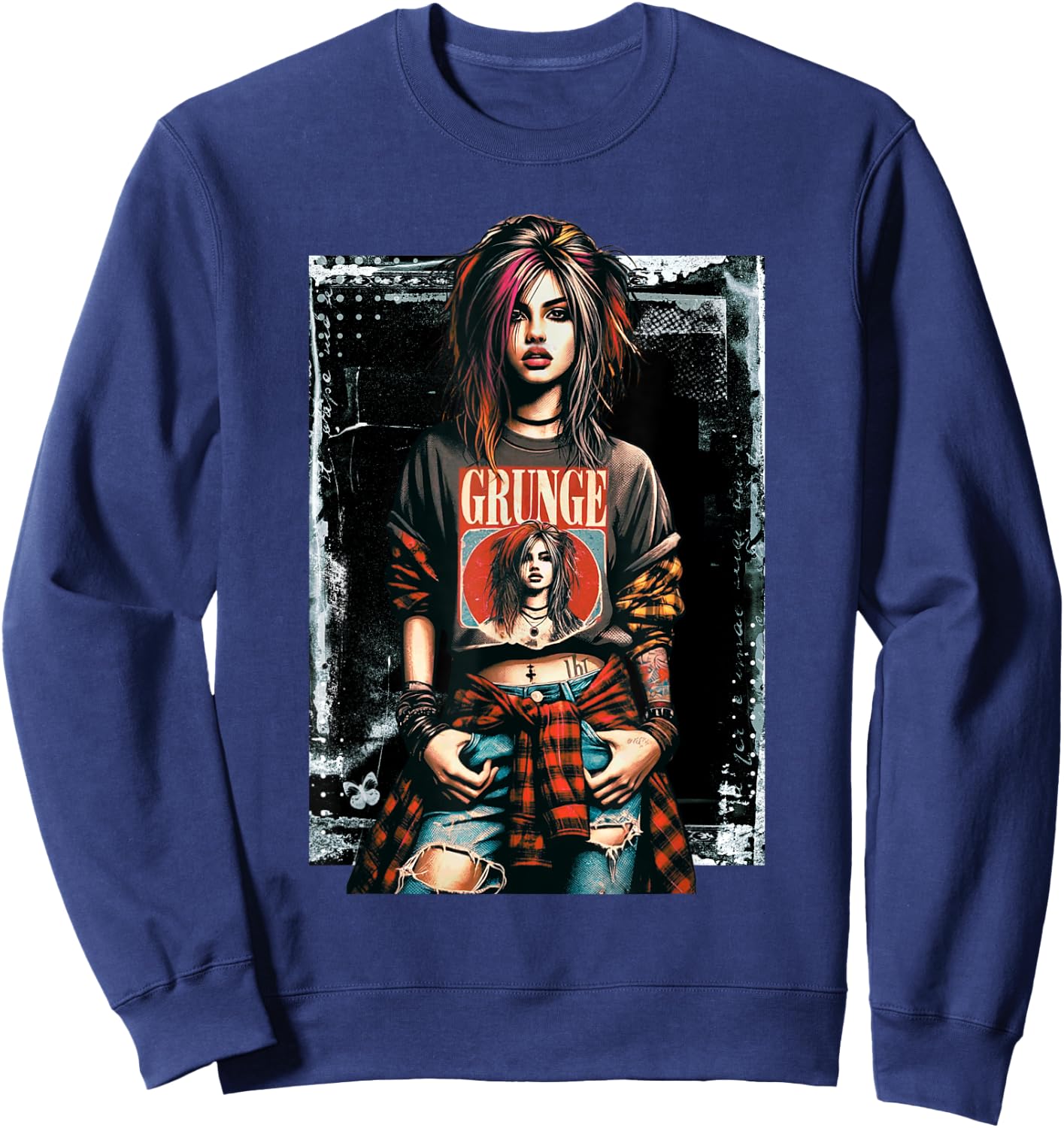 Punk Grunge Girl Graffiti 90s Retro Distressed Vintage Sweatshirt - Sweatshirt | Navy