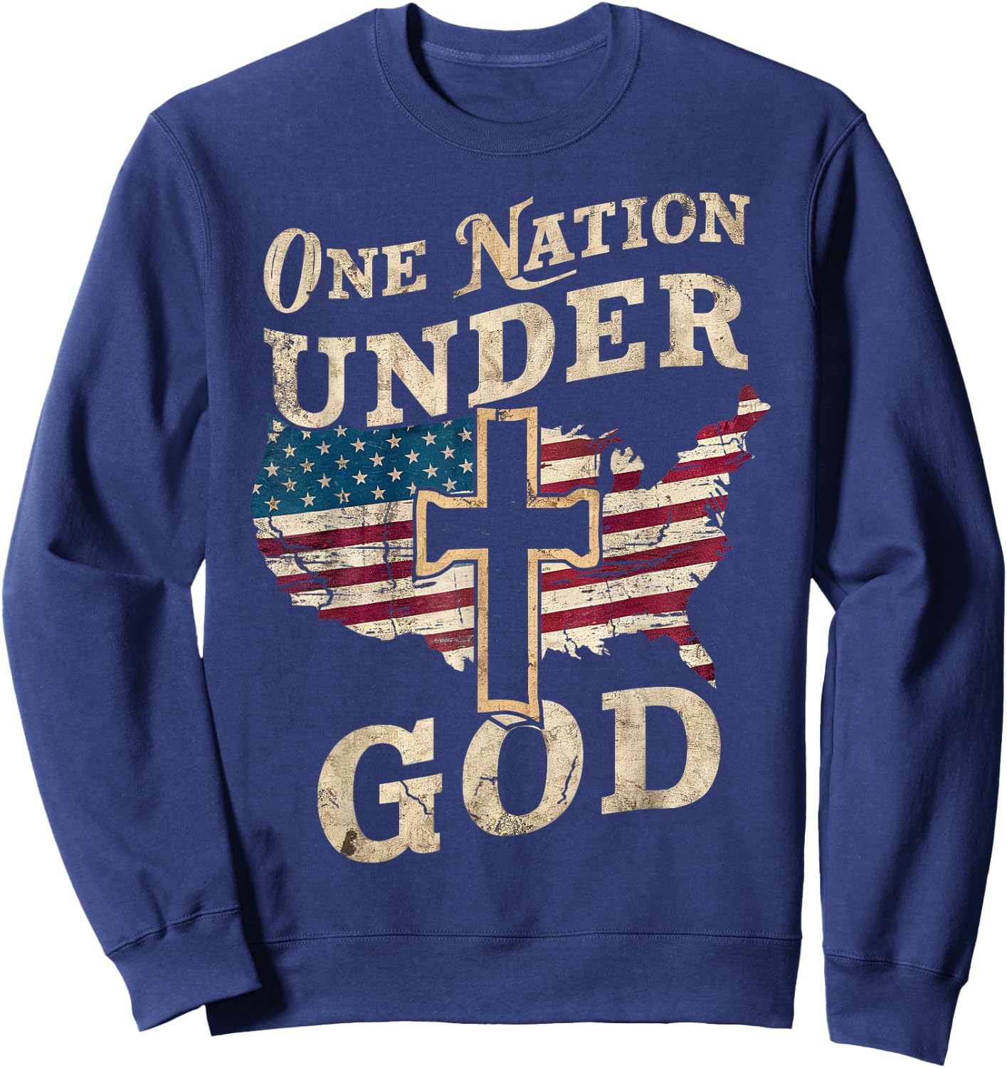 One Nation Under God Cross American Flag Patriotic Christian Women Men Sweatshirt - Sweatshirt | Navy