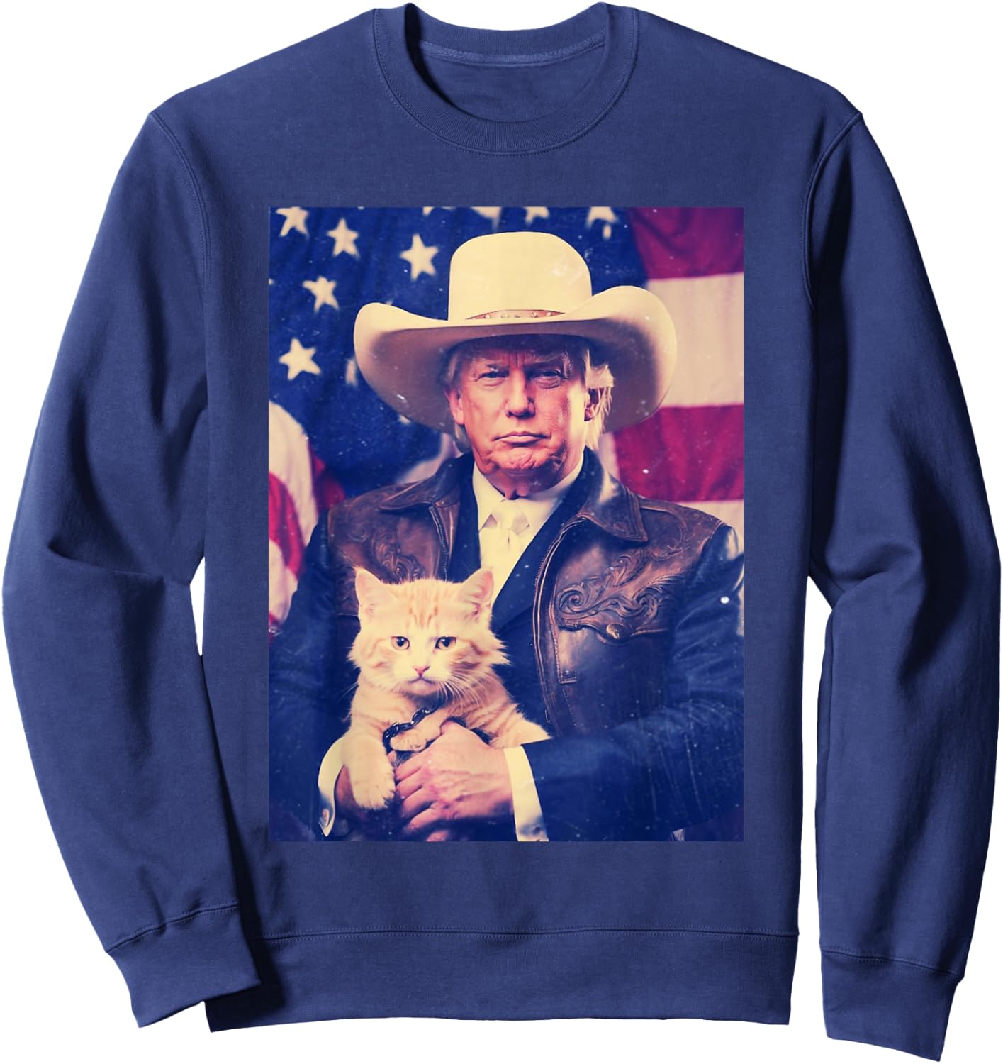 Trump Cat Shirt Funny Cowboy Donald Trump 2024 American Flag Sweatshirt - Sweatshirt | Navy