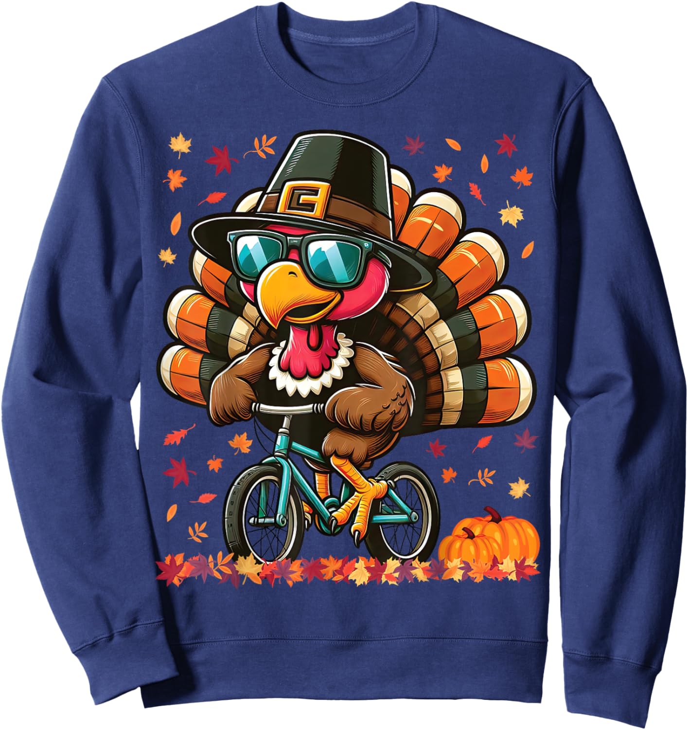 Funny Thanksgiving Turkey with Pilgrim Hat Riding Bicycle Sweatshirt - Sweatshirt | Navy